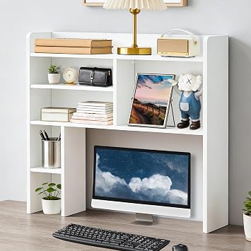 OFCASA Desktop Bookshelf, Countertop Storage Hutch with 7 Shelves for Computer Desk, 35.4 3-Tier Display Rack, Multipurpose Wooden Desk Hutch Storage Organizer for Home Office Dorm, White