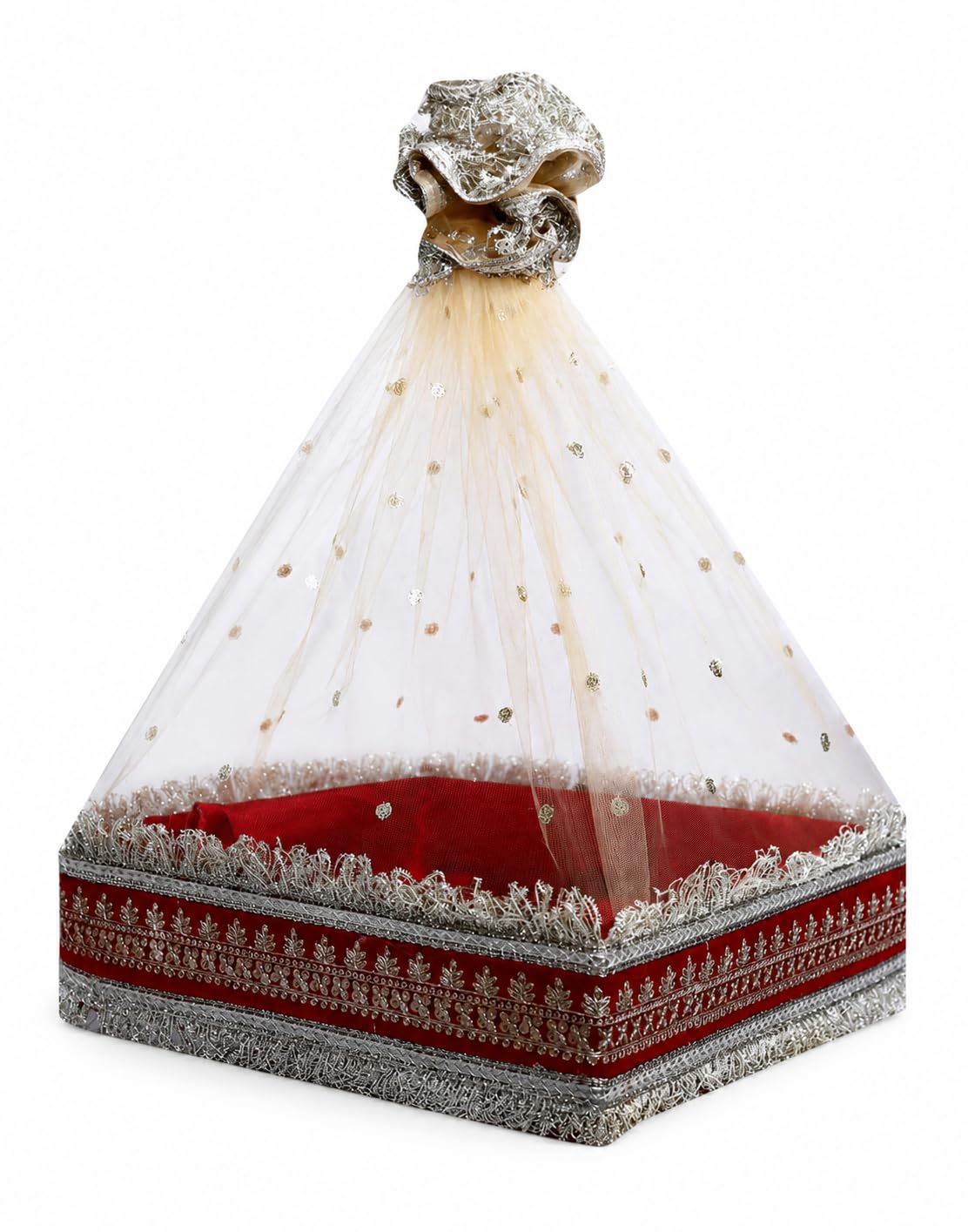 The Bride Made Gift Hamper Baskets (Set of 3) | Designer Empty Square Boxes with Peach Net Cover, Red Satin Inner & Red Lace Outer | Bridal, Festive & Return Gift Packaging (11x11, 10x10, 8x8 in)-image-18