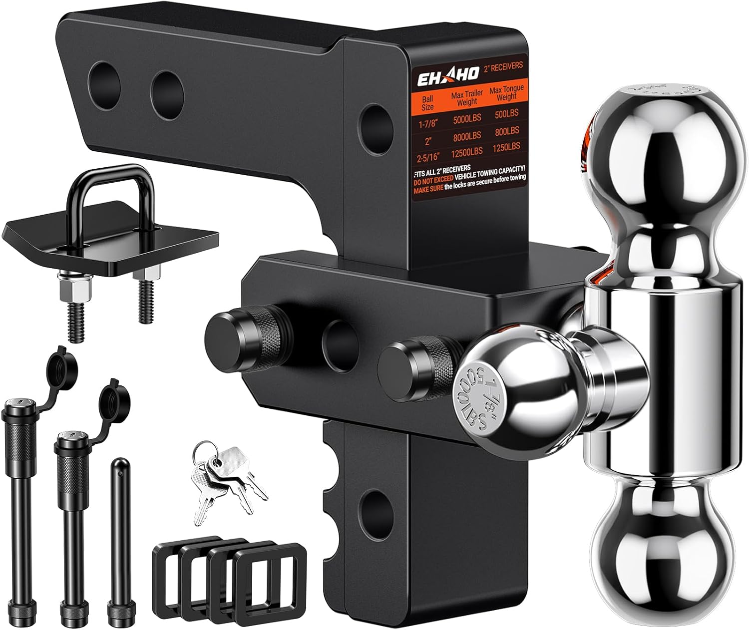 Adjustable Trailer Hitch,Tri-Ball Mount Drop Hitch 2 Inch Receiver with 6 Inch Drop/Rise for Truck 12,500 LBS GTW,Double Anti-Theft Locking Hitch Pins with Hitch Tightener