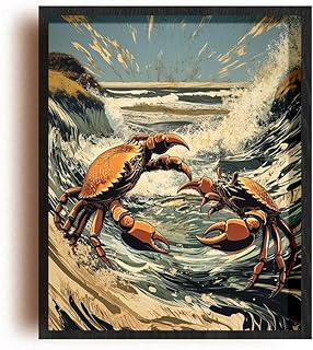 925 Mart (Unframed) (11x14 IN) dada Poster Of Two Crabs Battling In A Dreamlike Tide Pool On A Shoreline With Slow Motion Waves - Unique Wall Art For Beach Lovers, Ocean Decor, And Seaside |i36267WH