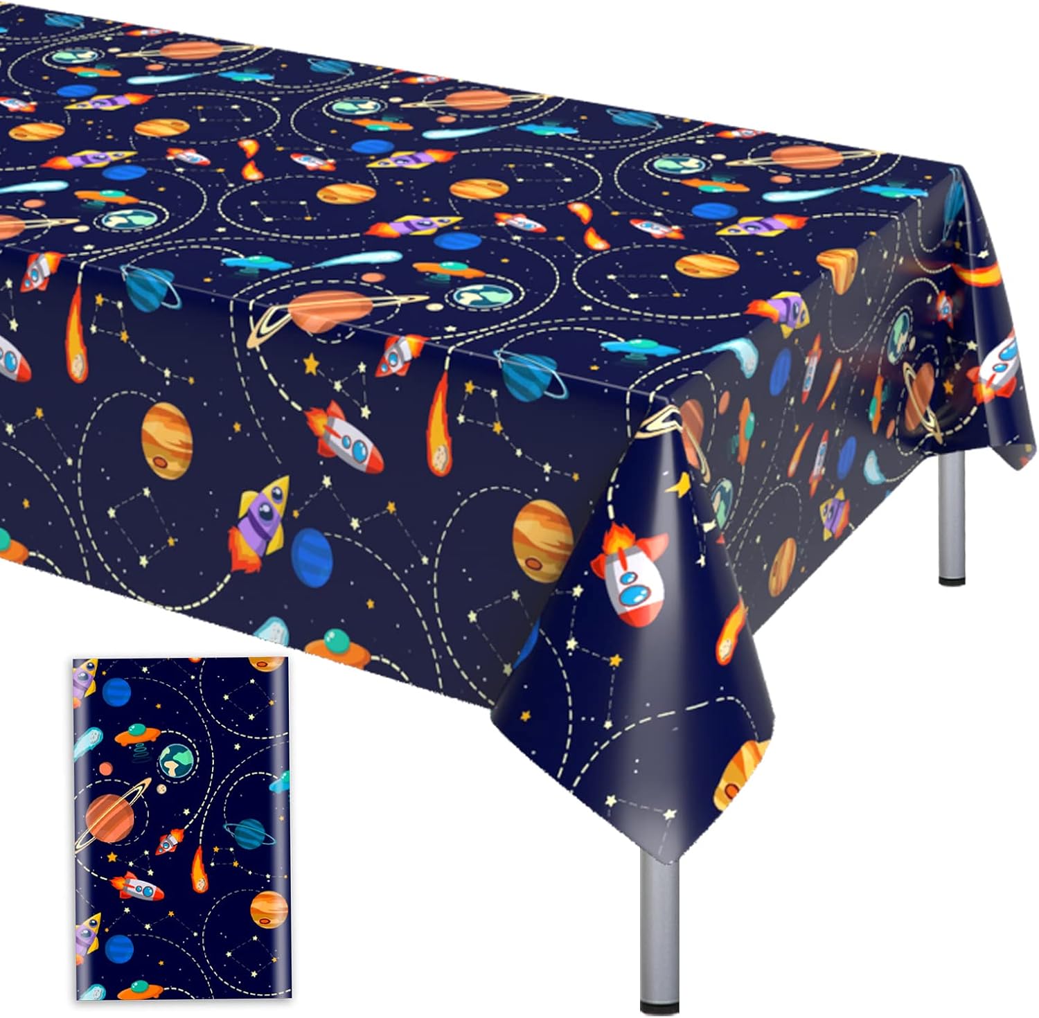 Outer Space Plastic Table Cloth for Parties Disposable Spaceship Galaxy Tablecloth Waterproof Rocket UFO Planets Table Cover 54 x 108Inch Birthday Party Decoration Supply for Kids Boys Girls, 1PC