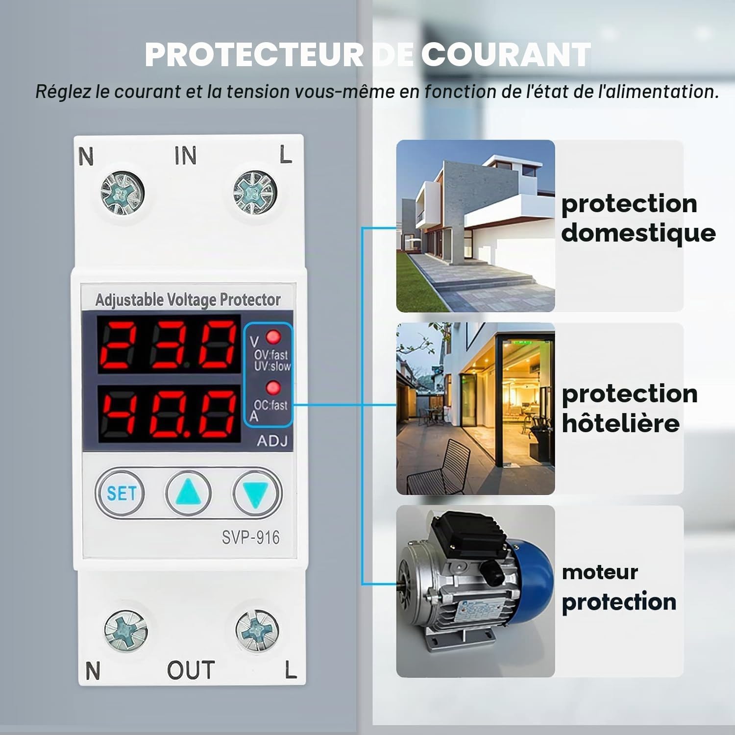 SVP-912 63A Régulateur De Tension 230v,Relais De Protection De Tension,stabilisateur de tension 230v Sous Protection Contre Les Surtensions Relais De Protection De Récupération Réglable Voltmètre