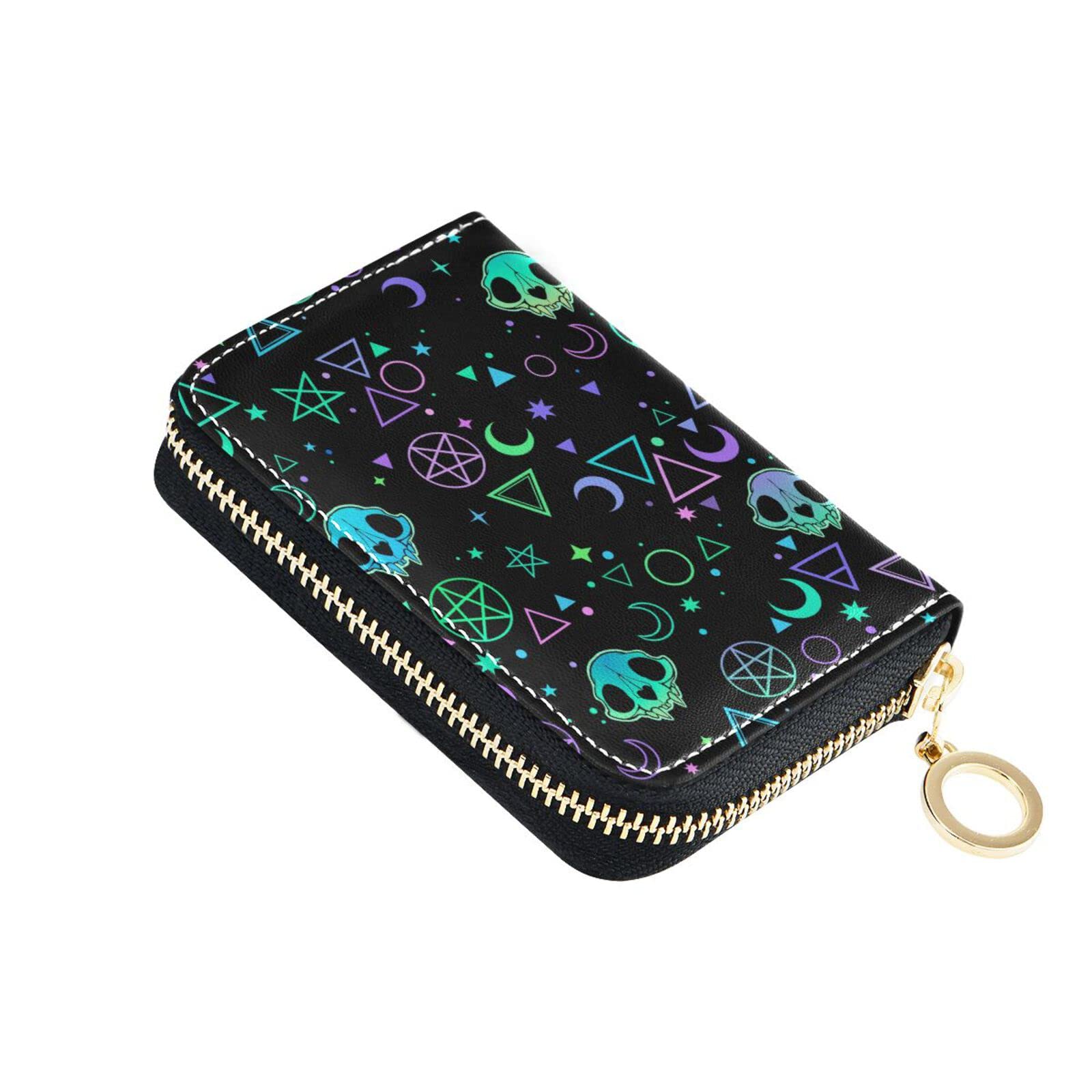 JHKKU Small Magic Symbols Skulls Wallet for Women Credit Card Holder Leather Zipper RFID Blocking Card Cases