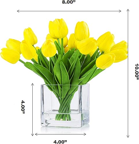 Miniatura 8 de ENOVA HOME 20 arreglos florales de tulipanes artificiales de tacto real en cubo de vidrio con agua sintética para decoración del hogar y la oficina