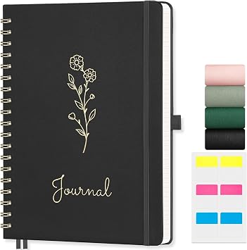 EMSHOI Dotted Journal Spiral Notebook, 140 Pages, B5 Large 7.48"x10.15", PU Leather Hardcover, 100 GSM Thick Paper, 5mm Dot Grid Notebook for Journaling, Planning, Drawing, Writing, Black
