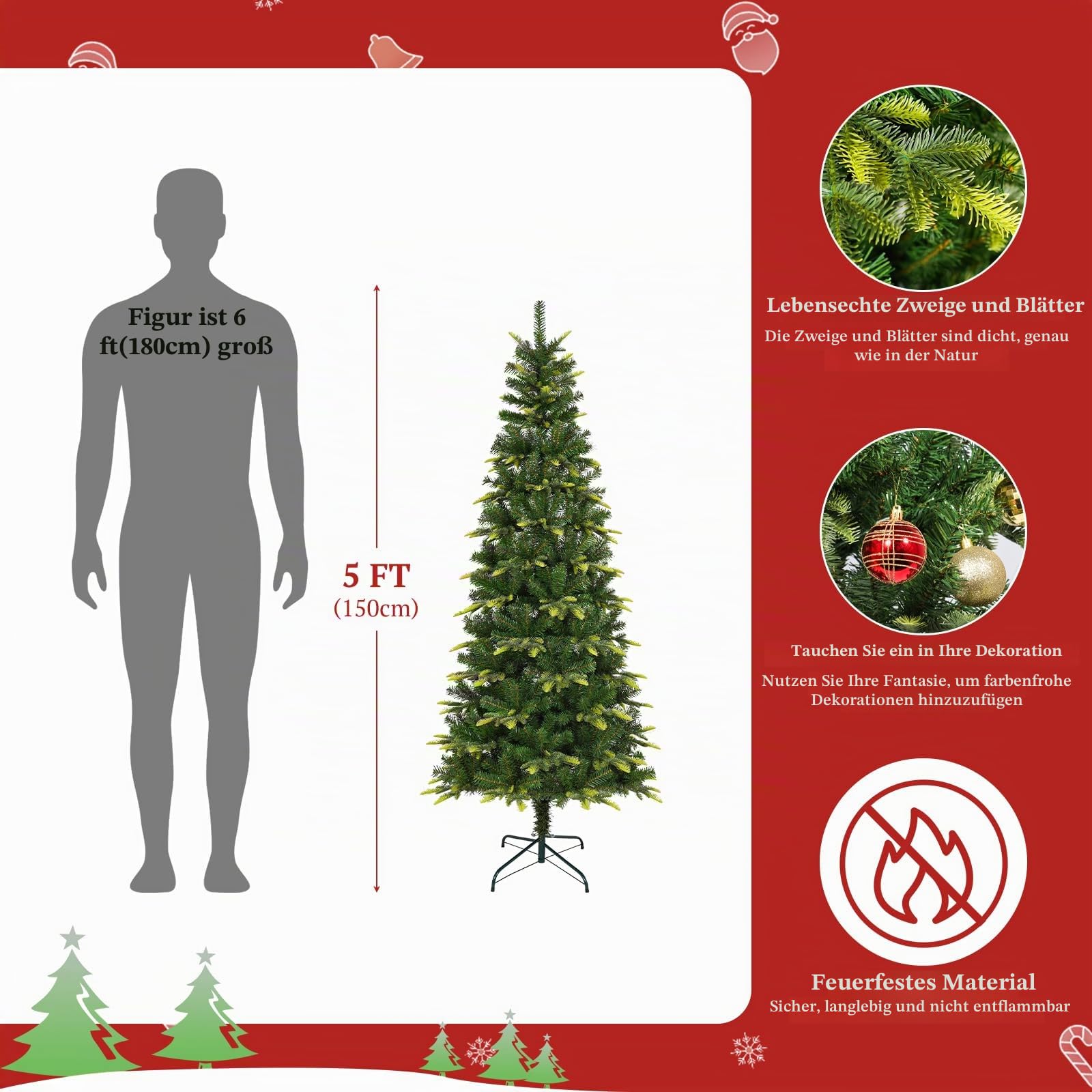 Uten Bleistift Weihnachtsbaum 150 cm, PE Luxus Innendekoration Künstlicher Tannenbaum, PE & PVC 350 Natürlich Aussehende Spitzen, Aufklappbare Zweigen, perfekt Wiederverwendbar