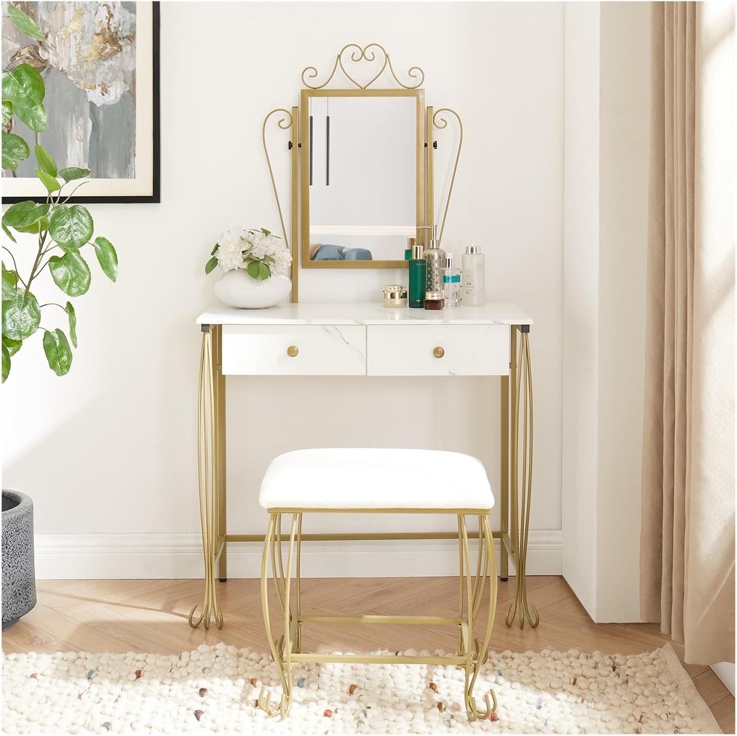 Vanity Mirror Table Set, with Stool, Vintage Bedroom Vanity Lots Storage Dressing Table, White