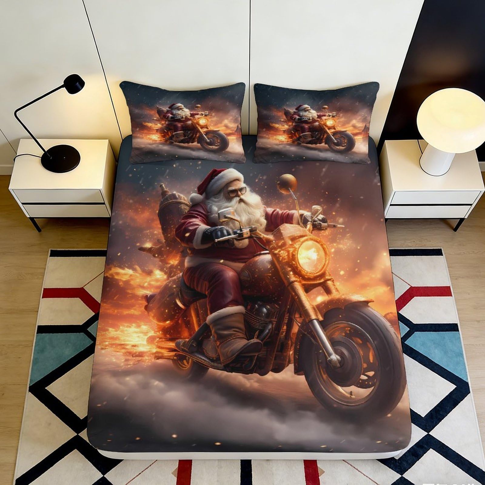 Dhbaneiok Style-4 3D Printed Santa Claus Motorcycle Fitted Sheet Microfiber Soft Bed Cover For Bedroom Dorm Decor Mattress Protection 90X200x25cm