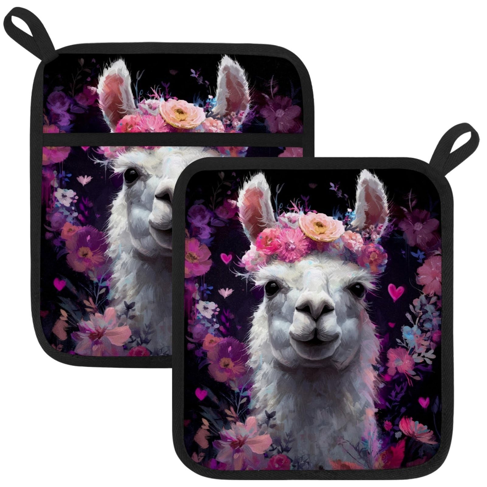 VAPOKF Alpaca Flowers Heat Resistant Pot Holders, Thick Pot Holders Pad with Hanging Loop for Kitchen, Oven Cloth Pads for Kitchen Baking Microwave Oven