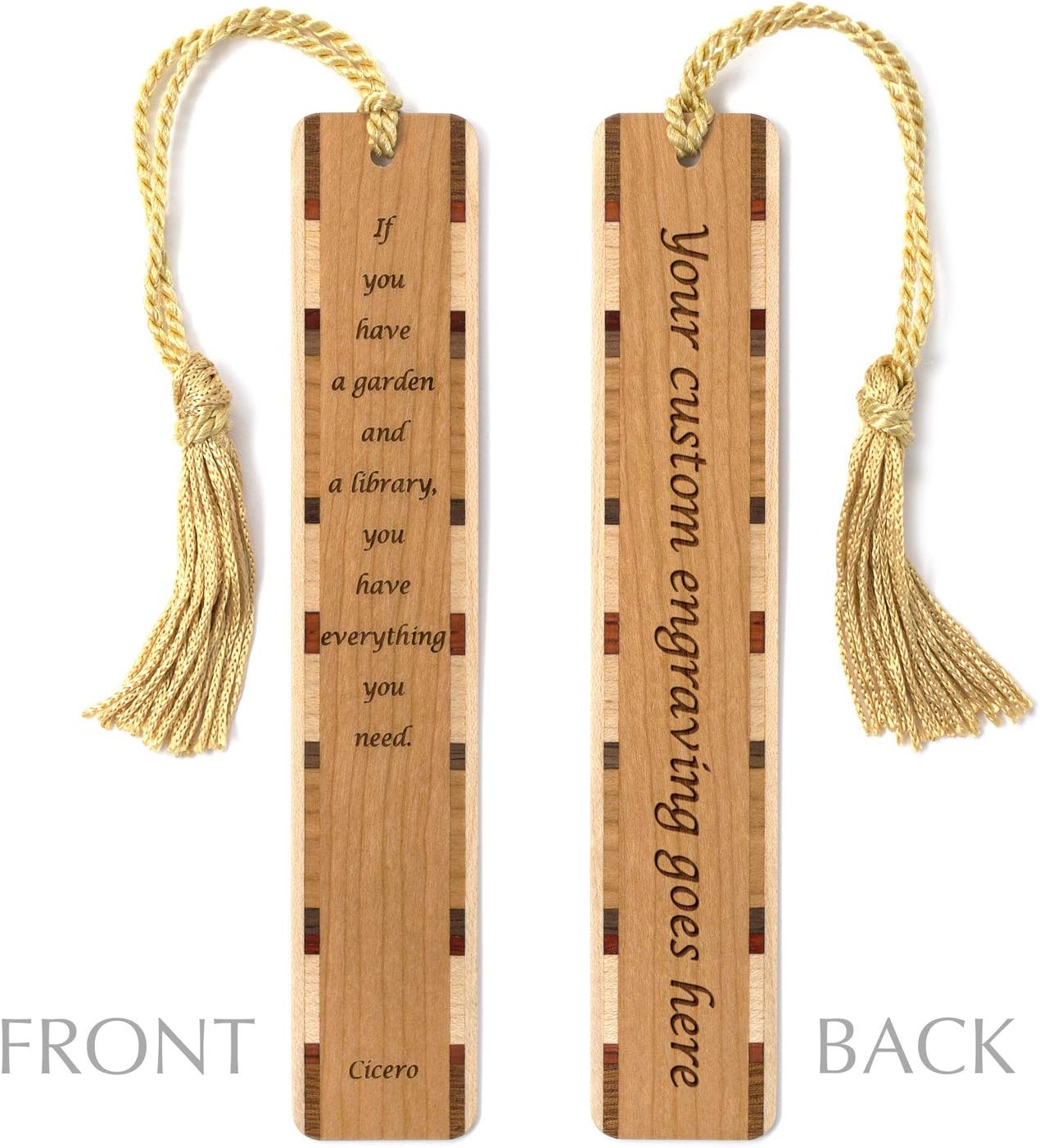 Cicero A Library and Garden Quote Personalized Wooden Bookmark | Engraved Classical Quote Design | Handmade Wood Bookmark with Gold Collegiate-Style Chainette Tassel | Made in the USA