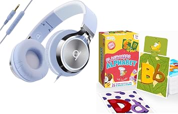 ARTIX CL750 Wired Headphones with Mic, Volume Control Foldable 3.5mm Headset + Kidrox Bilingual Alphabet Flash Cards A-Z English/Spanish Learning Cards for Toddlers 2+