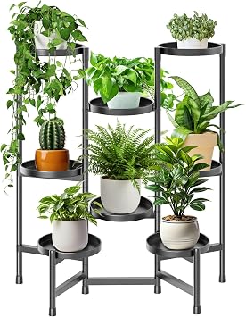 5 Tier Plant Stand Indoor Tall, Adjustable Black Plant Shelf for Multiple 8 Potted Flower Plants Holders, Corner Metal Flower Display Rack for Patio Garden Balcony Living Room Office A