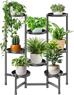 5 Tier Plant Stand Indoor Tall, Adjustable Black Plant Shelf for Multiple 8 Potted Flower Plants Holders, Corner Metal Flower Display Rack for Patio Garden Balcony Living Room Office (A)