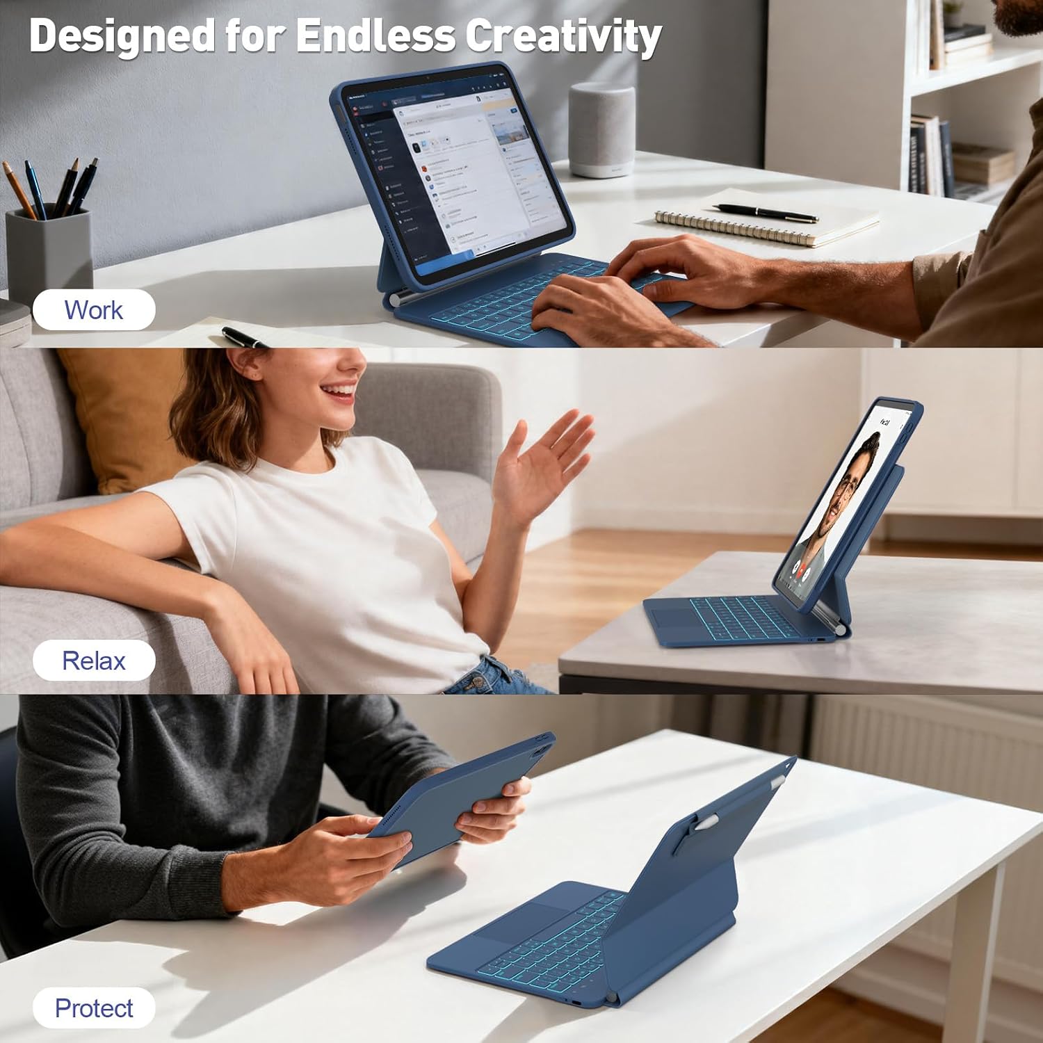 for iPad 11th (A16, 2025)/10th Generation Case with Keyboard, Portrait/Landscape, 11-Color Backlit & Multi-Touch Trackpad, Detachable Case & Stain-Resistant Leather, Pencil Buckle, Blue