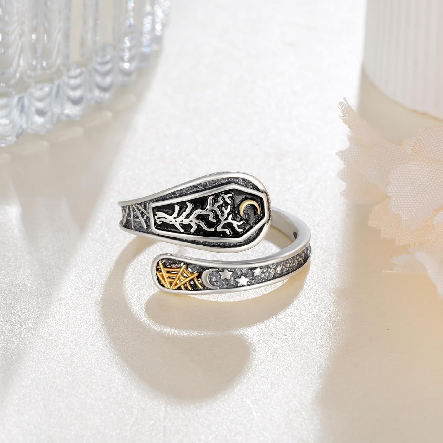 Coffin Ring 925 Sterling Silver Gothic Coffin Adjustable Ring Halloween Jewelry Goth Gifts for Women