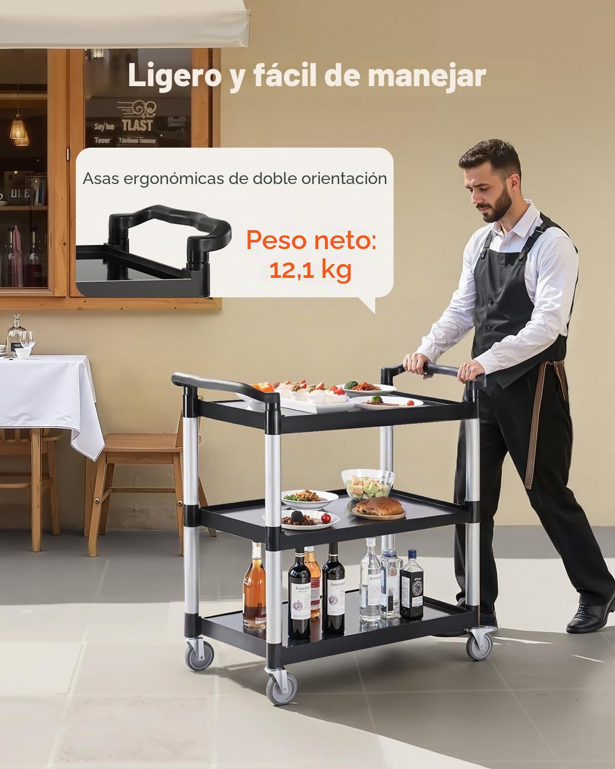 VEVOR Carrito Multiusos, Carga de 150 kg, Carrito Multiusos de Plástico 1060 x 490 x 980 mm de 3 Niveles con Ruedas Giratorias de 360° (2 con Frenos), para Almacén, Restaurante, Cocina, Negro