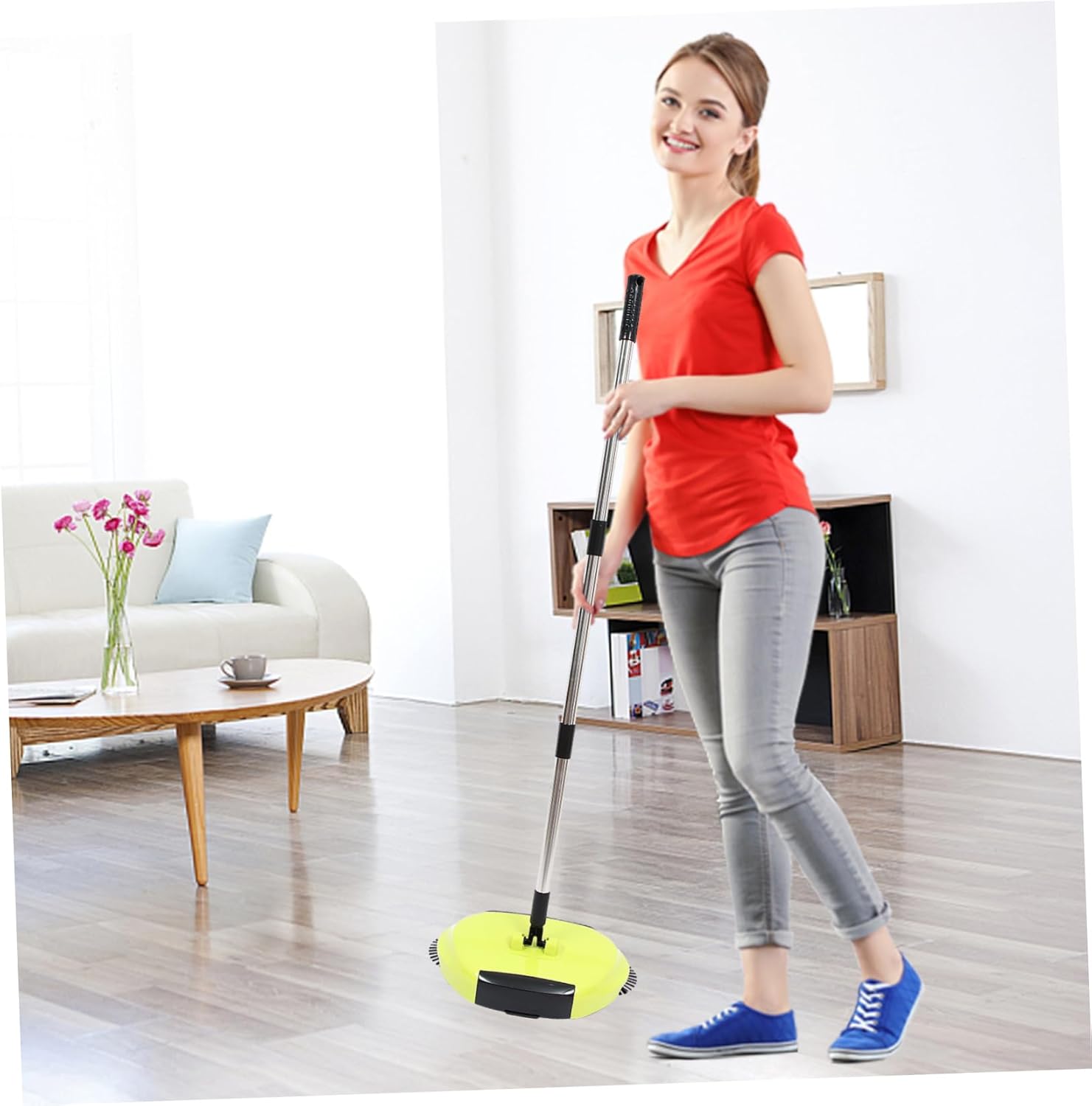 Multi-Function Hand Push Sweeper Broom with Dustpan Trash Bin Rotating Floor Cleaner for Home Office Handle Random Color