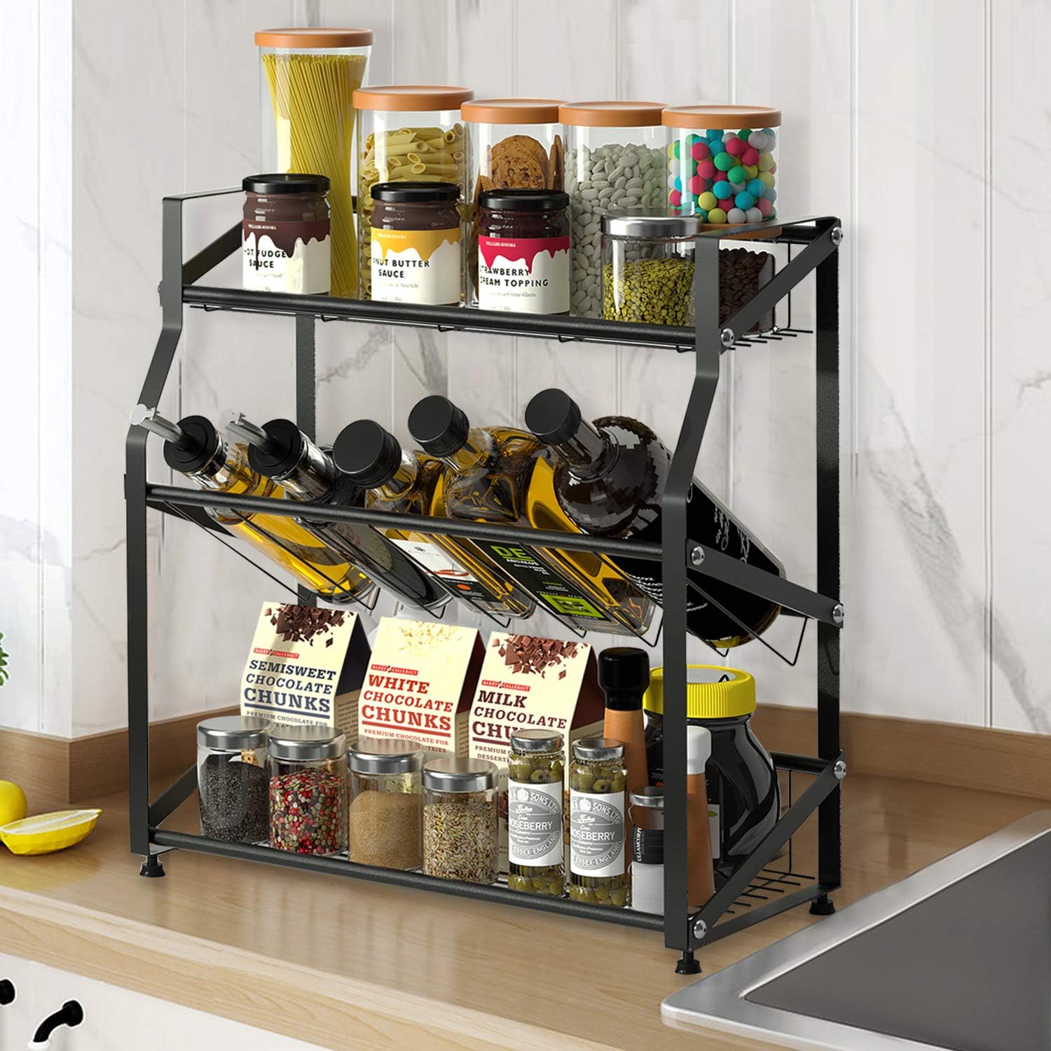 Kitchen Spice Rack Organizer,Stainless Steel 3-Tier Kitchen Organizer,Countertop Freestanding Shelf Organizer for Jars, Bottles, etc (Black)