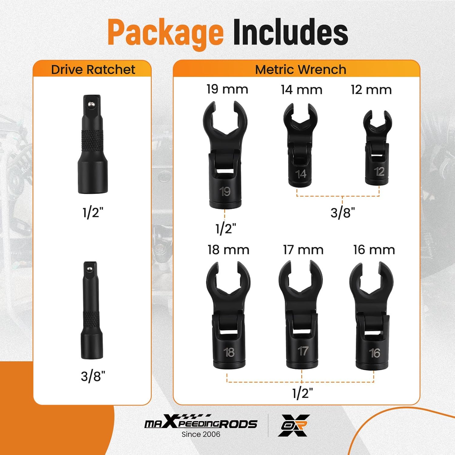 maXpeedingrods 8PCS 3/8" & 1/2" Head Crows Flare Nut Wrench Socket Foot Line Wrench Set Injector Fuel Line Crowfoot Flare Nut Wrench Size 12 14 16 17 18 19 mm With Extension Bar