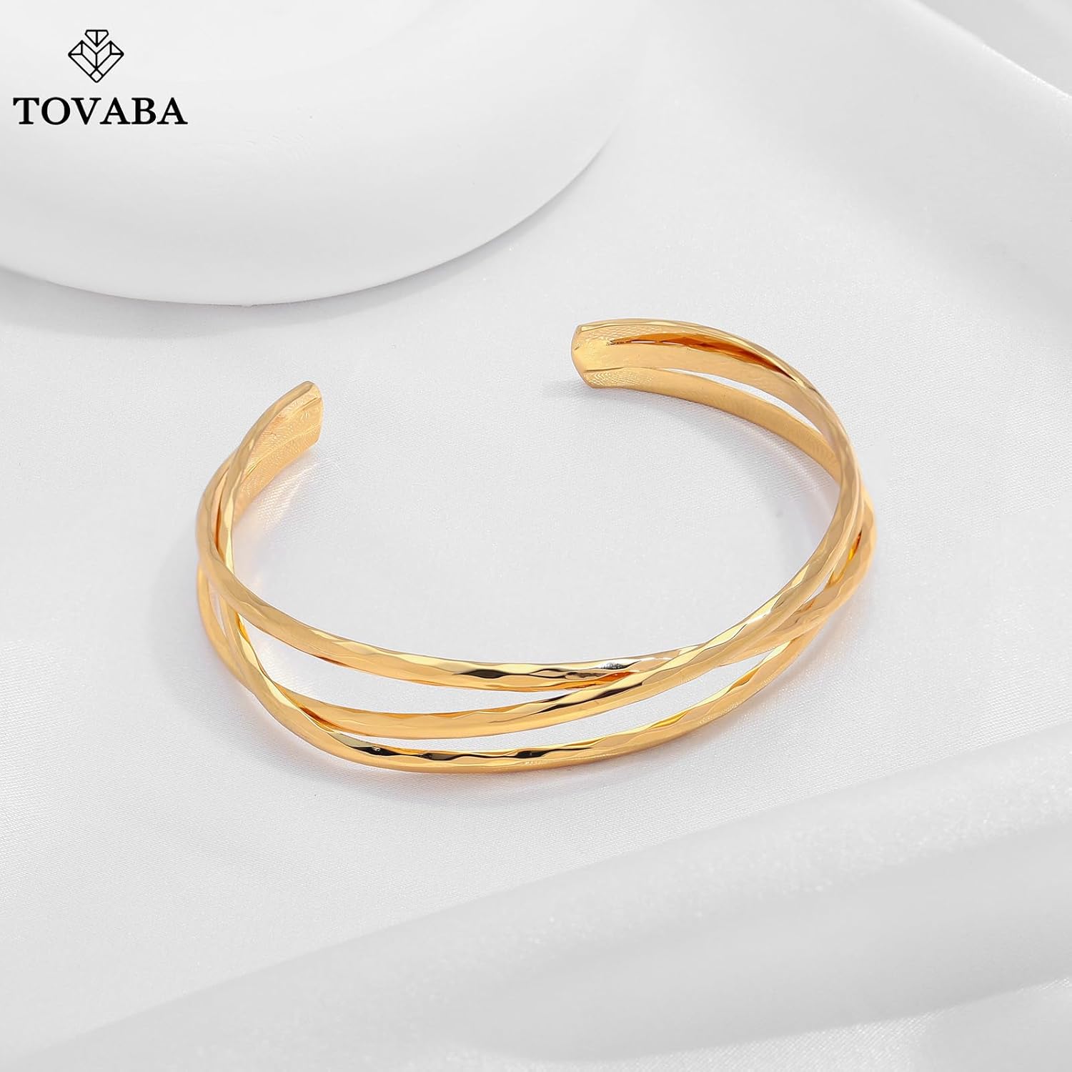 Chunky 14k Gold Cuff Bracelets for Women - Non Tarnish Teardrop Bangle Multi-layer Cross Wire Open Bracelets - Image 6