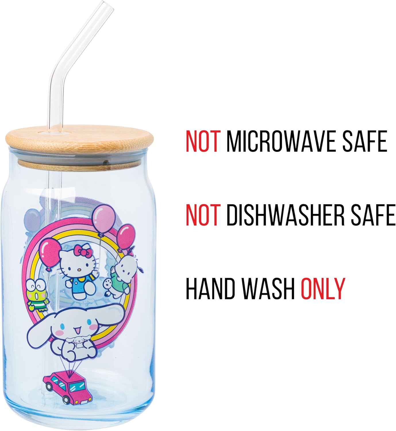 Silver Buffalo Sanrio Hello Kitty & Friends Floating Car Balloons Featuring Cinnamoroll, Pochacco, and Keroppi Glass Jar Tumbler with Bamboo Lid and Glass Straw, 16 Ounces - Image 3