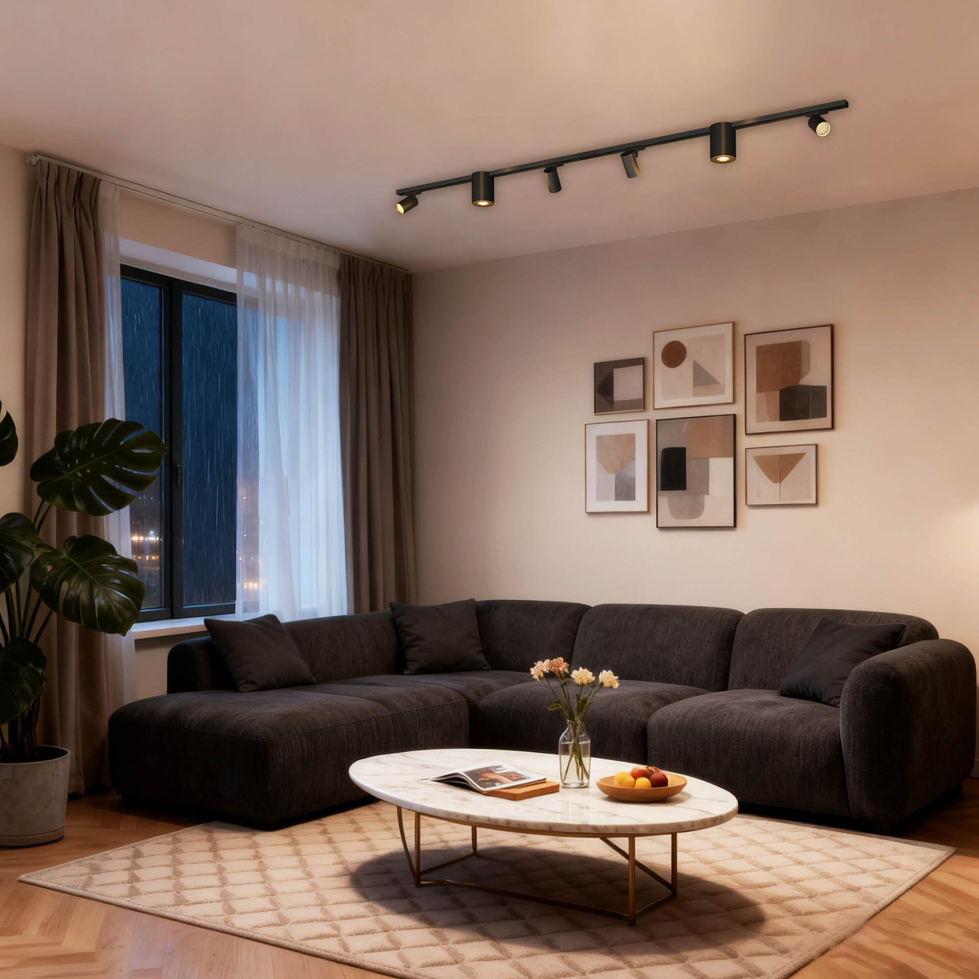 Ledvion - Sistema de rieles iluminacion, 2m, Carril Monofasico, Sin bombilla GU10, Negro, 6x spot GU10 orientabili, Lampara techo, plafon led techo cocina