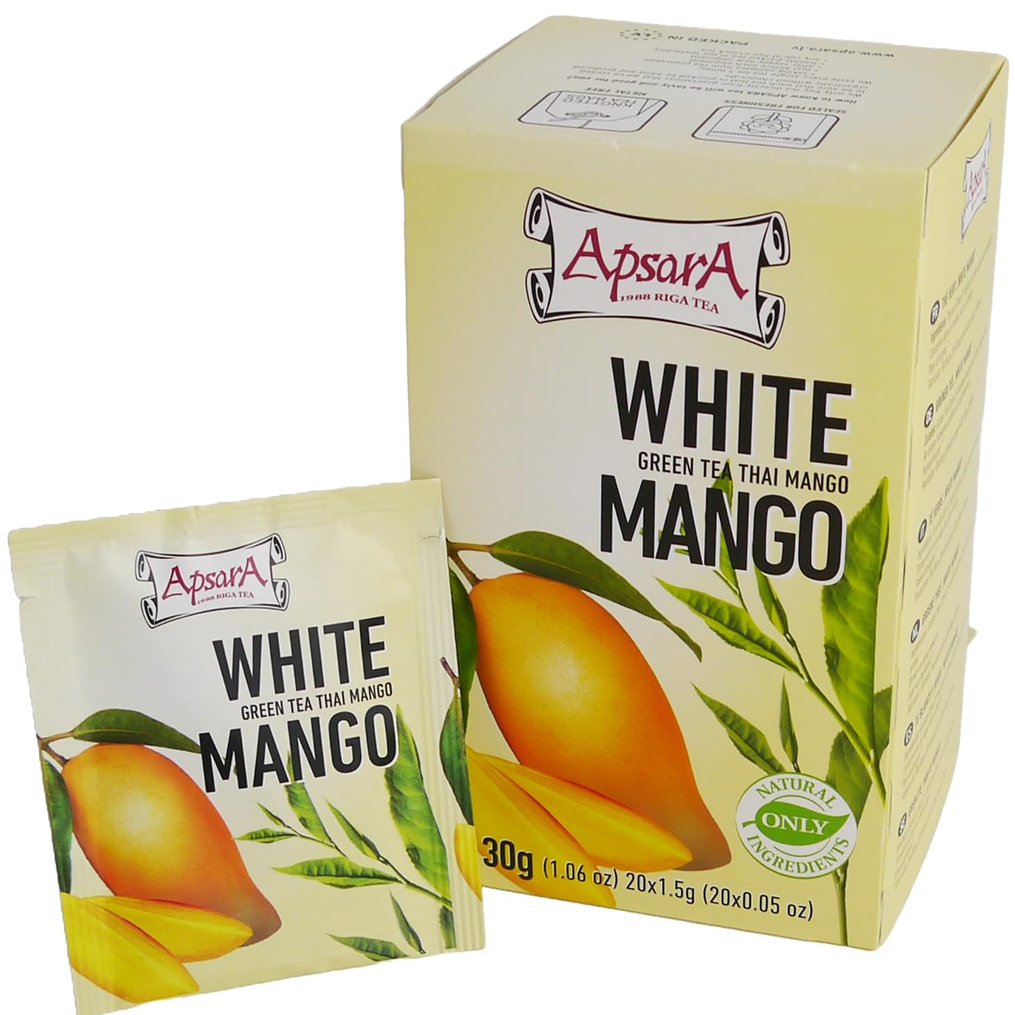 Apsara Premium té de Mango Blanco, juego de 3 (60 bolsitas), té verde y blanco con nota afrutada