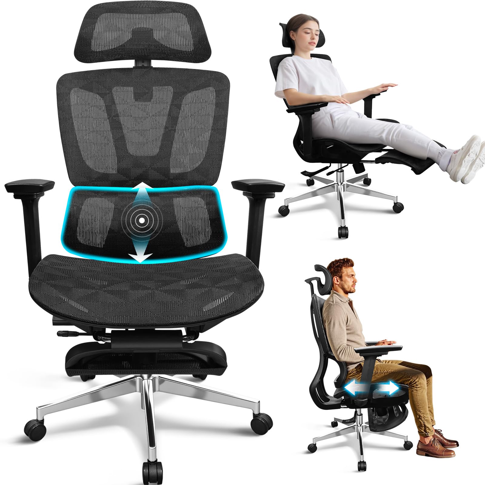 MELOKEA Sedia Ufficio Ergonomica con Poggiapiedi, Sedia Gaming in Rete | Braccioli 4D, Poggiatesta 3D, Profondità Seduta Regolabile, Inclinazione 4 Livelli, Home Office