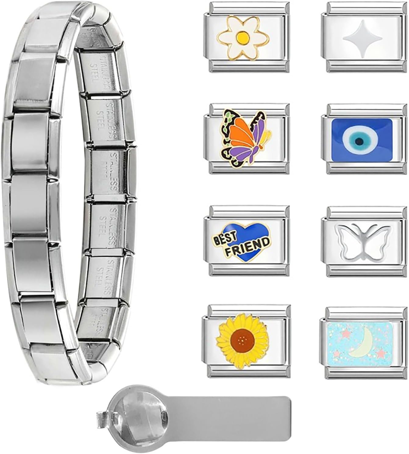 Italian Charms Bracelet Sets with Starter Brascelet, Assorted Charms and Opening Tools,9mm Modular Charm Bracelet Link Handmade DIY Jewelry Gifts