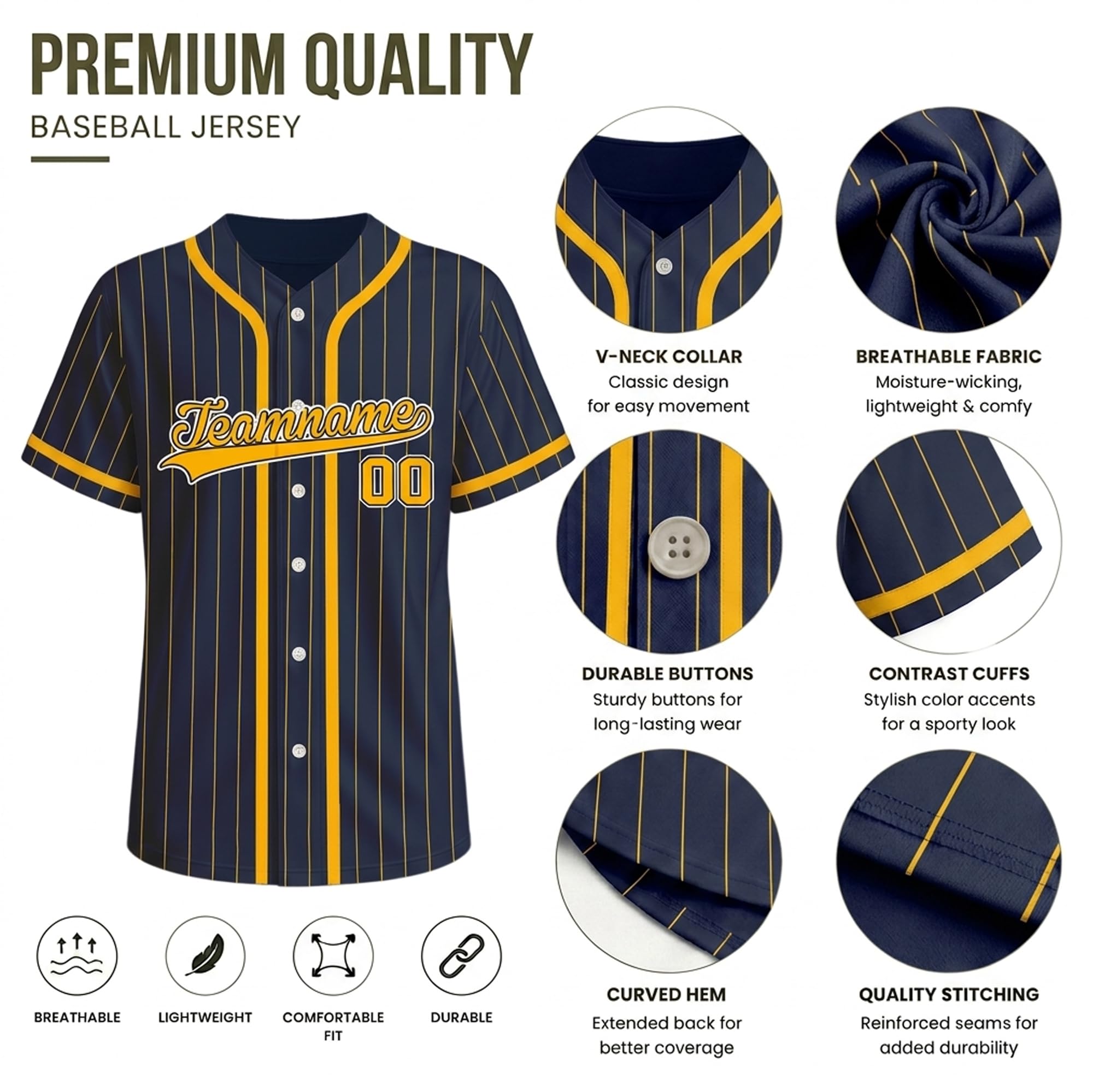 Maillot de Baseball Personnalisé Nom Numéro Logo Chemises de Baseball, Uniforme d'Équipe pour Hommes/Femmes/Enfants Chemise à Boutons Style à Rayures
