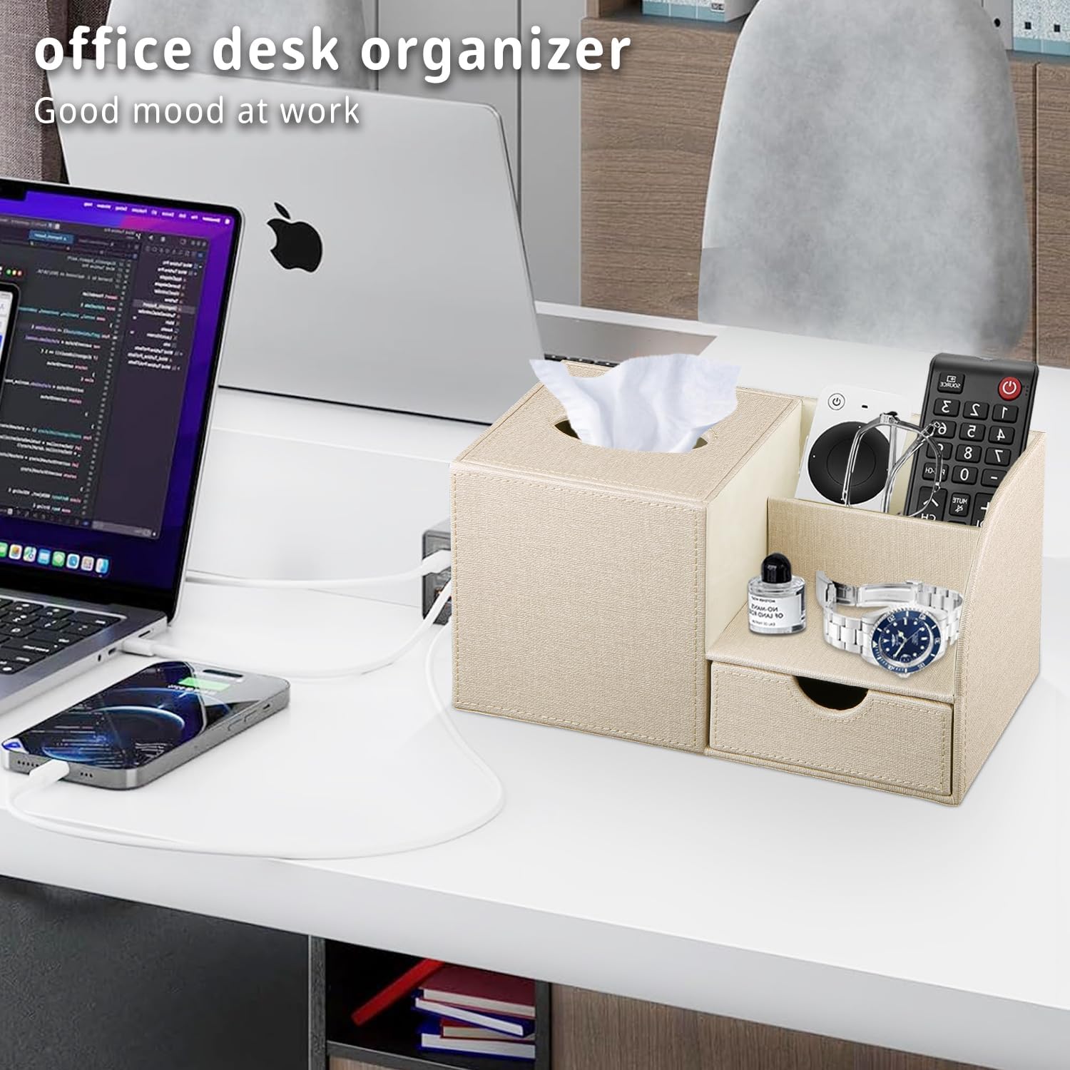 Tissue Box Cover with Drawer Organizer and Storage Tray,Cube Tissue Holder | PU Leather Tissues and Remote Holder,Decorative Facial Paper Nightstand Desk Organizer for Bathroom Vanity coffee table