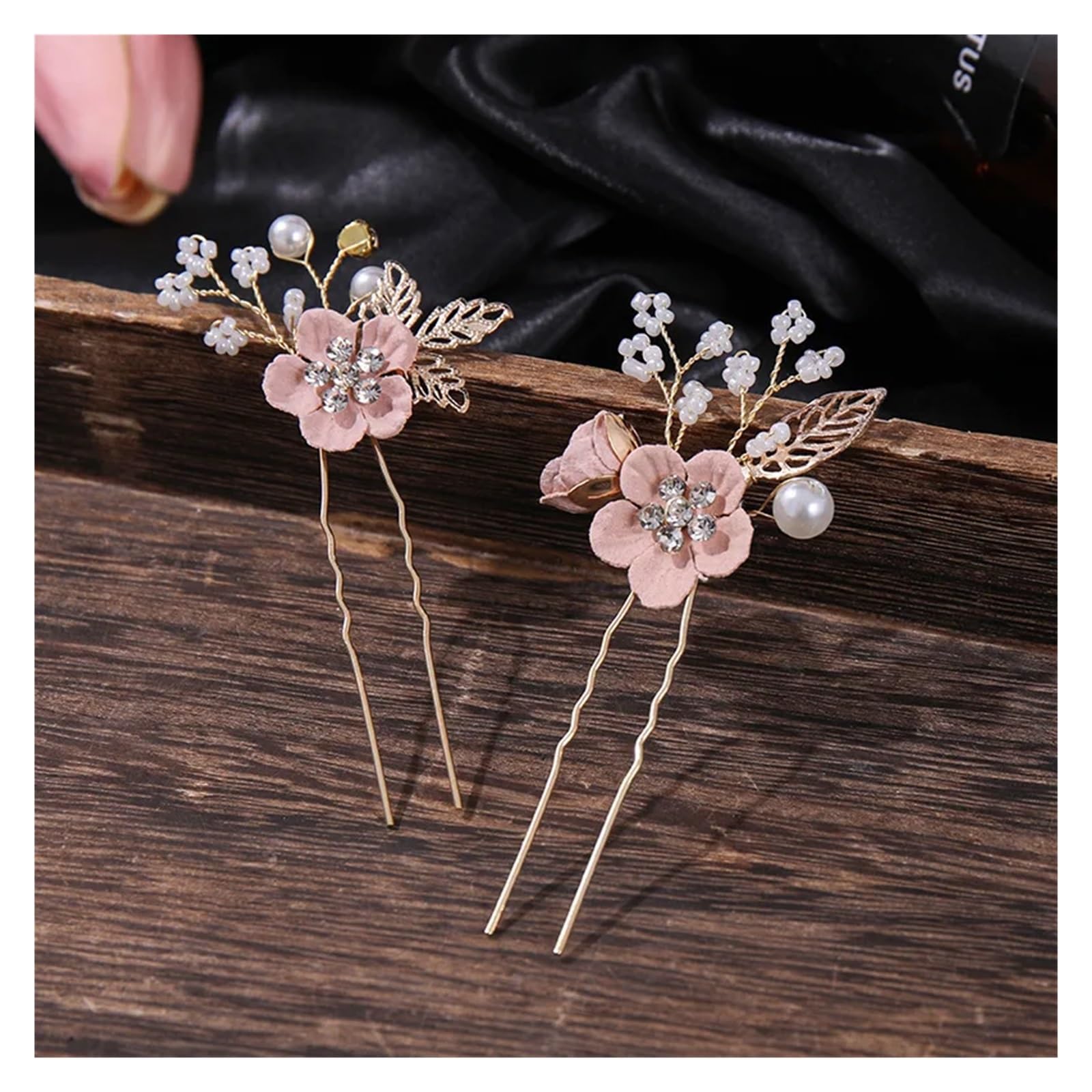 Forcina Cinese Set di 4 pettini for capelli con fiori cristallo e forcine for, perle strass, set gioielli da sposa, accessori for nozze(Pink)