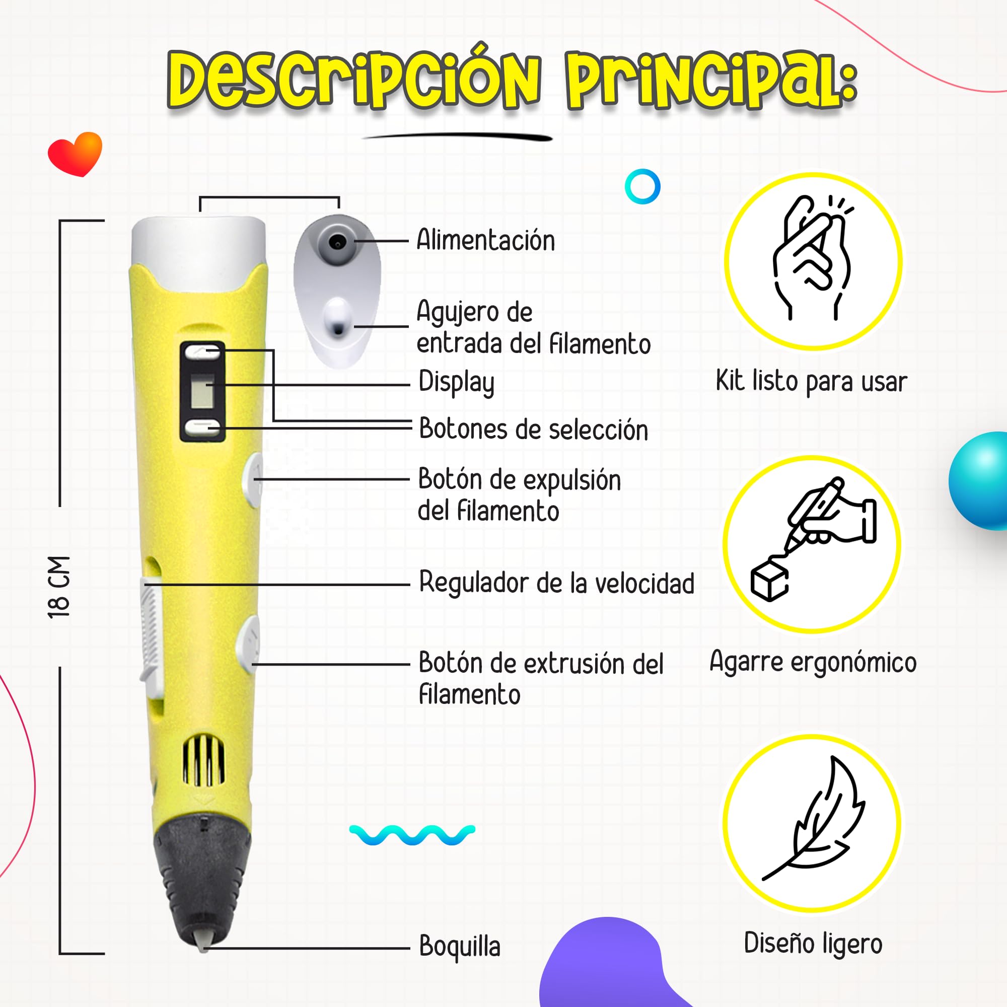 The Italian Home® Boligrafo 3D niños + Instrucciones en español y guía ilustrada de Regalo + 60m 20 Colores Filamentos PLA (4 Fluorescentes) - boli 3D, Lapiz 3D, boligrafo 3D para niños