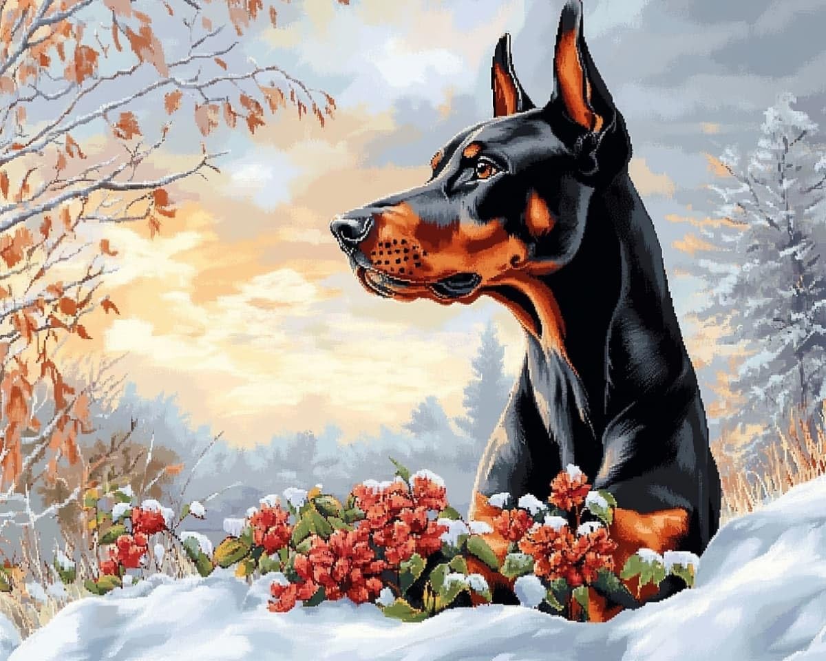 AxiangziK DIY Needlepoint Cross Stitch Kits Adults,Doberman Pinschers in the Snow Counted Pre Printed Embroidery Needlepoint Patterns,Ideal Craft Gift for Women Teens,16x20in