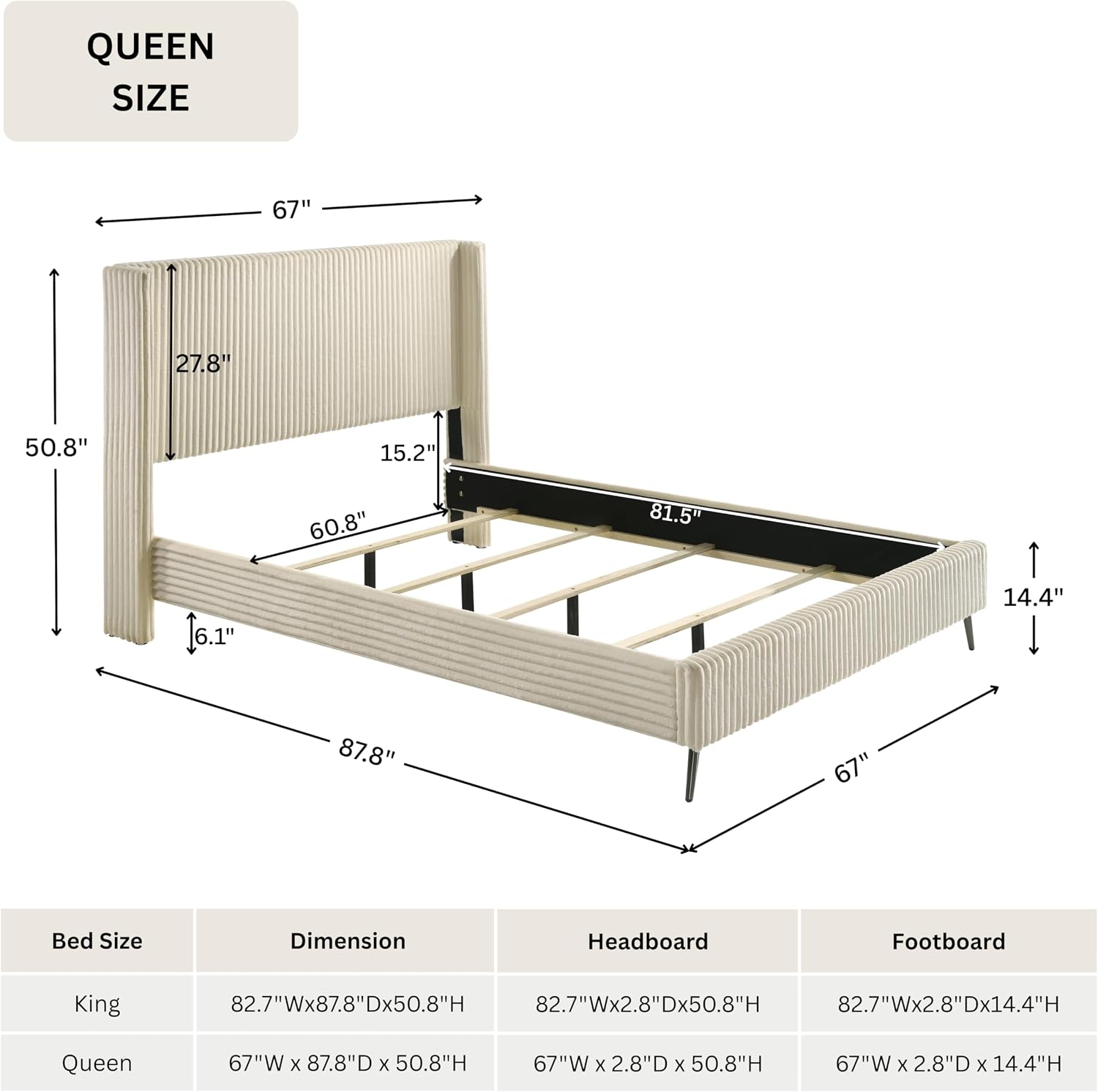 Roundhill Furniture Mavela Wide Wale Corduroy Upholstery Panel Queen Bed with 2 Nightstands and Bench, Cream