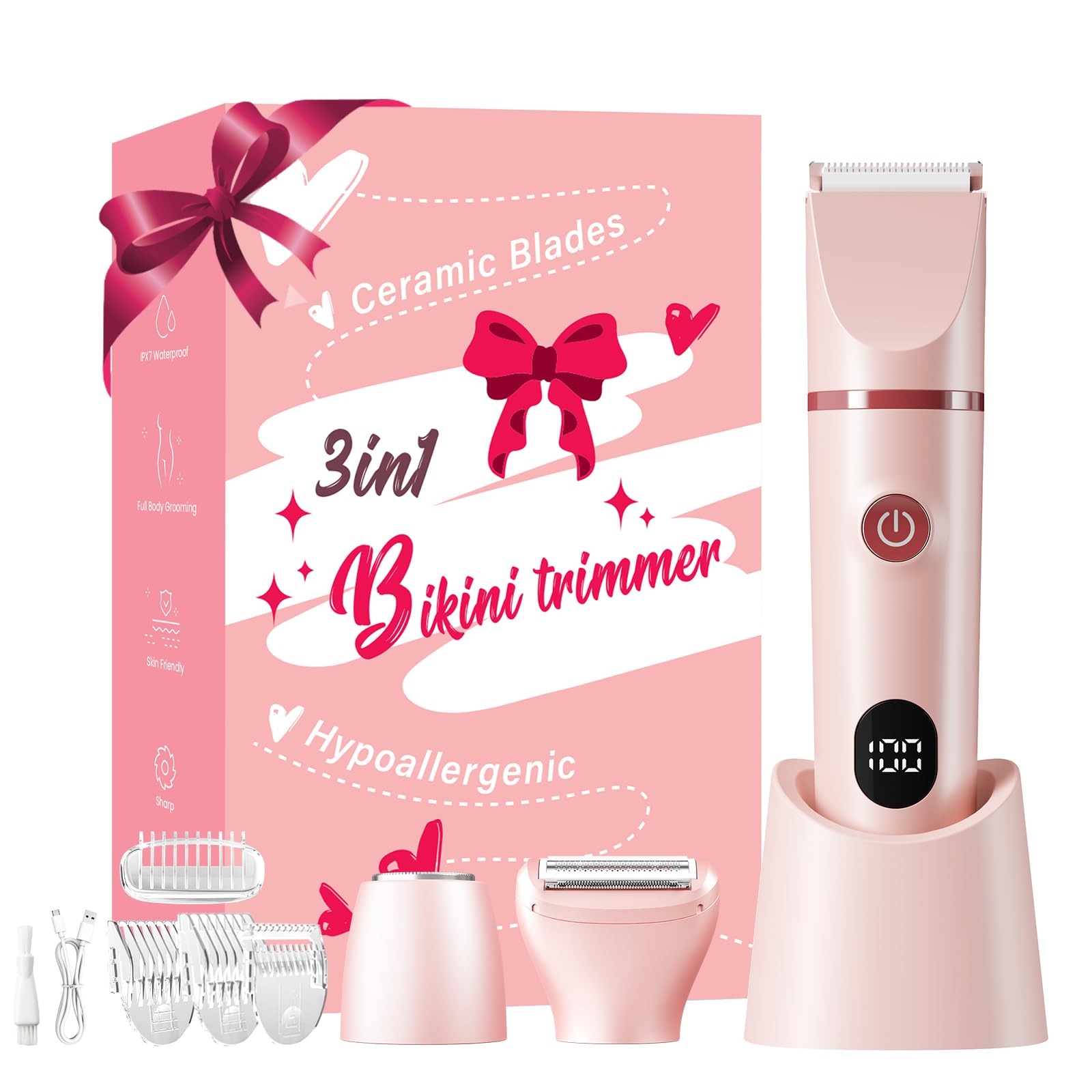 3-in-1 Intimrasierer für Frauen, Elektrischer Rasierer Damen | IPX7 wasserdicht, Sanfte Keramikklingen, LED-Anzeige, 600-mAh-Akku, kabellose Bauweise, 4 Kammaufsätze, Type-C-Ladung