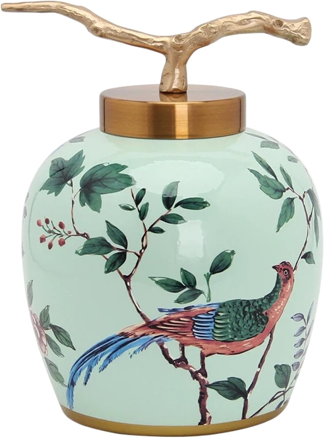 11 Inch Ceramic Ginger Jar with Gold Branch Lid, Green Floral-Bird Chinoiserie Decorative Vase for Flowers, Porcelain Ginger Jar Vase for Living Room, Office, Table Centerpiece & Shelf Decor