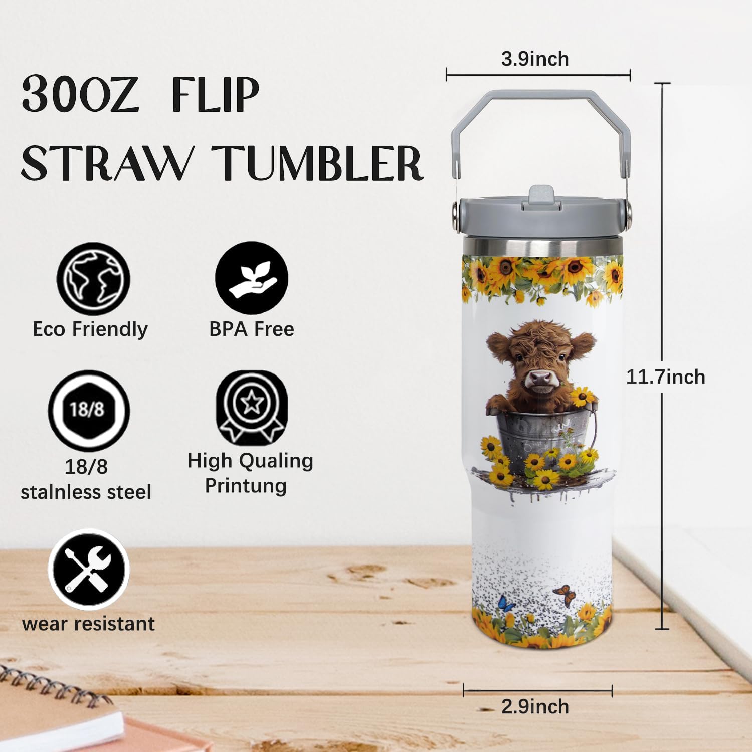 30oz Highland Cow Tumbler with Handle and Straw, Reusable Stainless Steel Insulated Leak Proof Travel Sunflower Coffee Mug, Highland Cow Gifts for Women - Image 6