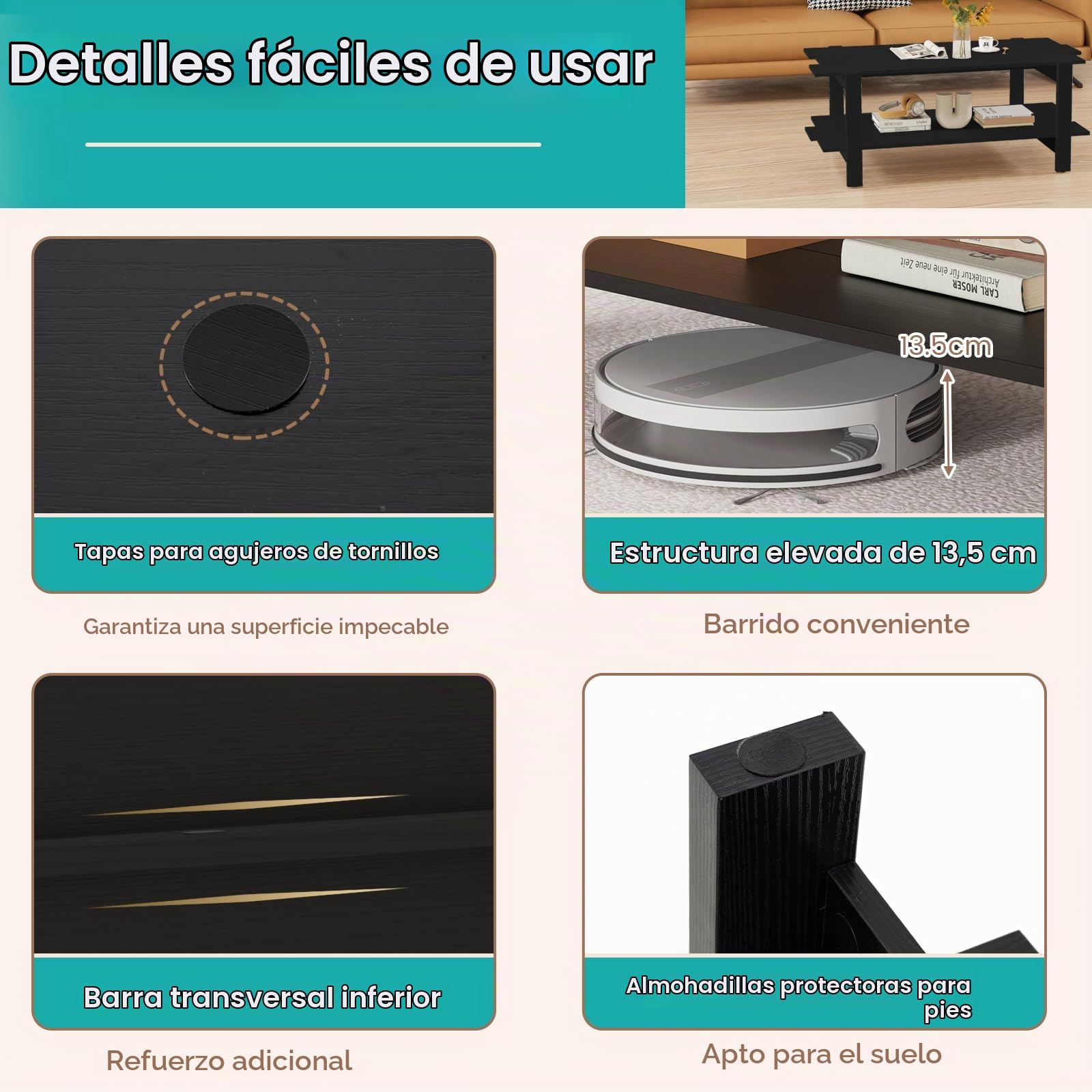 LIFEZEAL Mesa de Centro de 2 Niveles, Mesa de café con almacenaje, Mueble de salón Rectangular, Estilo Industrial, 115x59x46 CM (Negro)