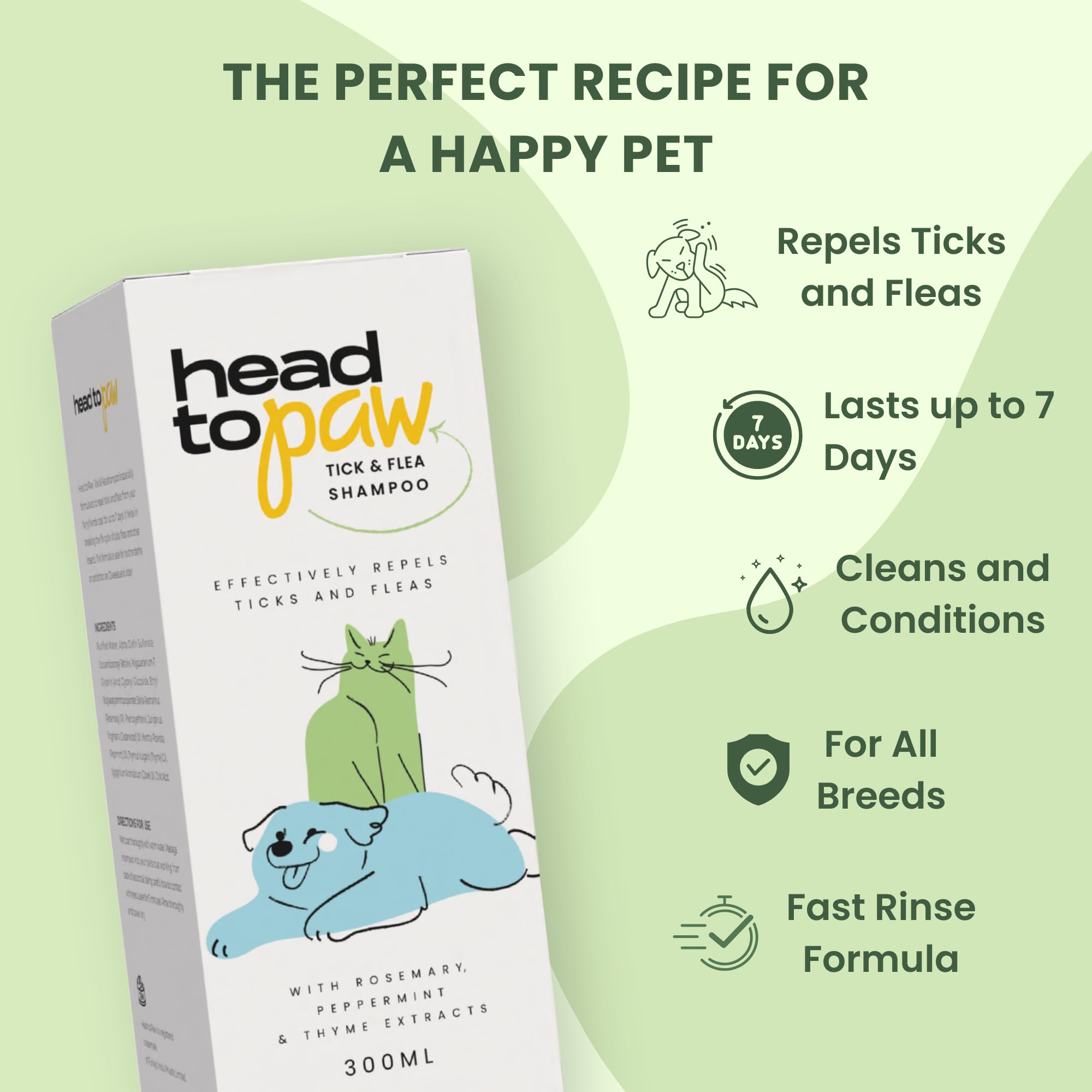 HEAD TO PAW Tick and Flea Shampoo | Repels Ticks & Fleas Shampoo for All Breeds 300ml | Medicated Pet Shampoo Enriched Rosemary, Peppermint & Thyme Extract | Ph Balanced, Moisturising, Prevents Fleas 2