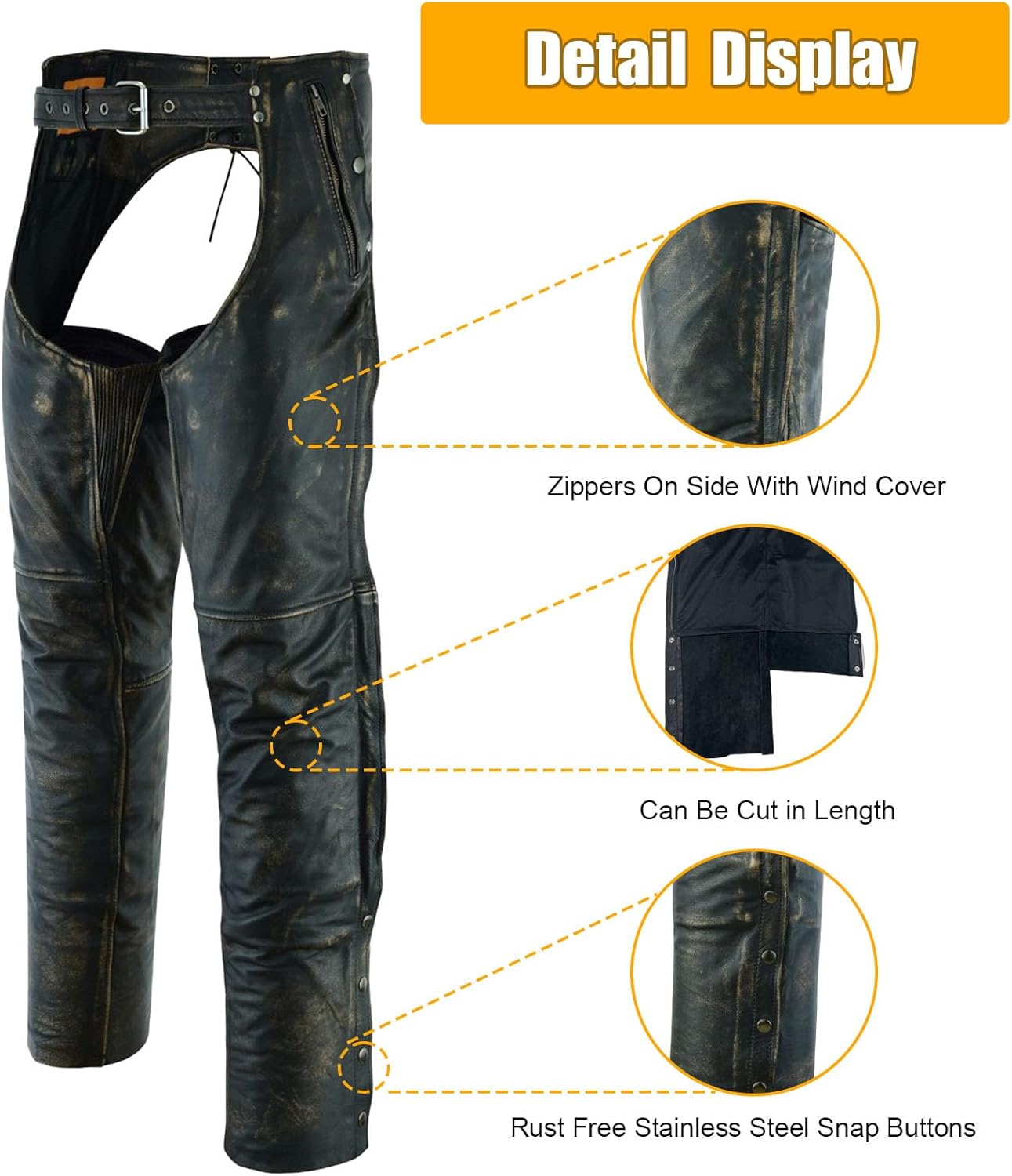 GARGOYLE BELLS Premium Motorcycle Leather Chaps for Men and Women, Genuine Leather Zipped Cowboy Motorcycle Chaps - Image 4