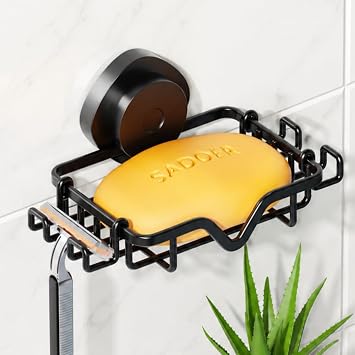 KEGII Soap Holder Dish with Suction Cup and Razor Holder & Hooks, Stainless Steel Rustproof Bar Suction Soap Tray for Shower Wall, Bathroom, Kitchen, Drill-Free, Black