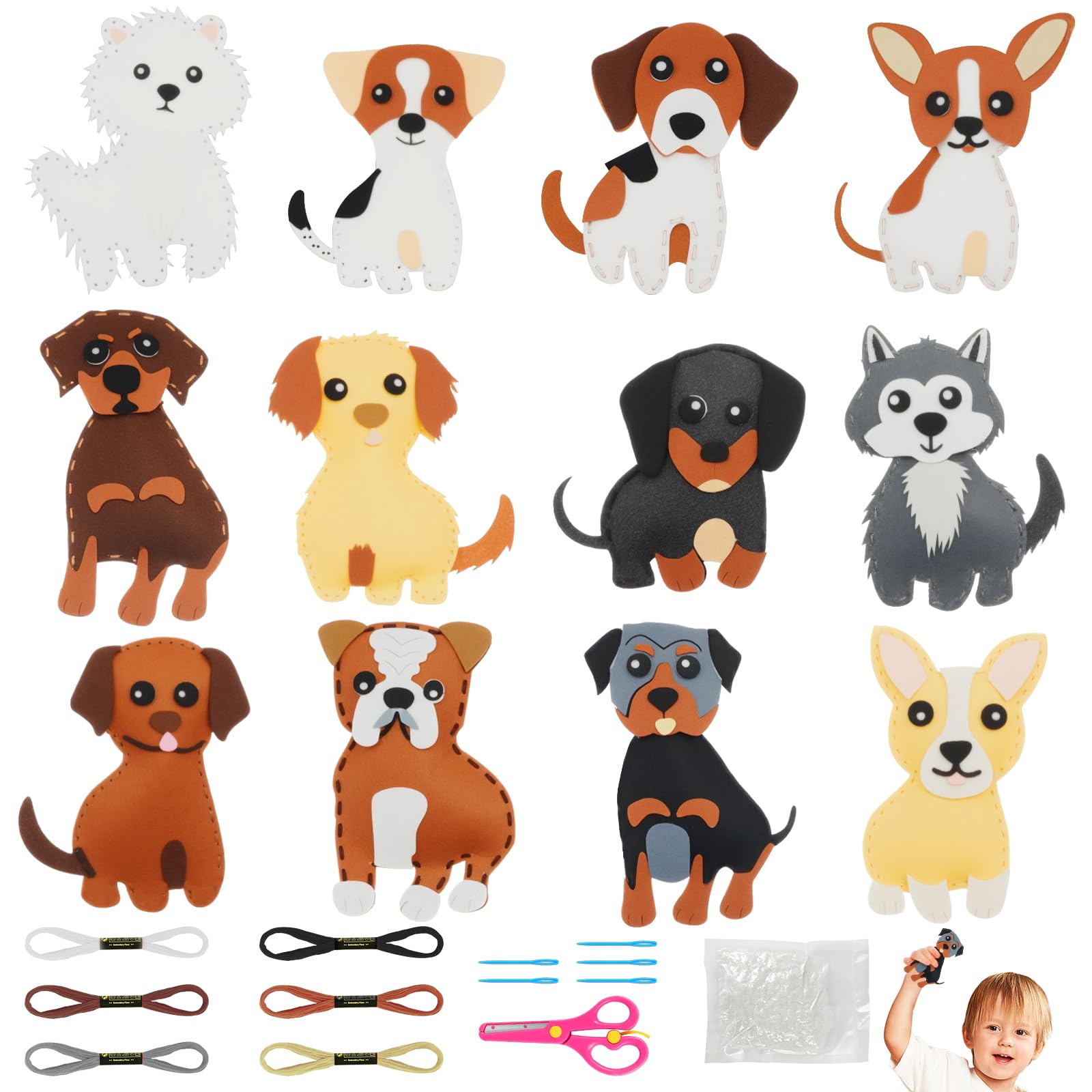 Vicloon 12 Stück Nähset Kinder, Filztiere Nähen Set, Bastelset für ab 6 Jahren und Anfänger, Nähen Kinder Filzset mit Stickgarn Plastiknadeln Füllwatte (Hund)