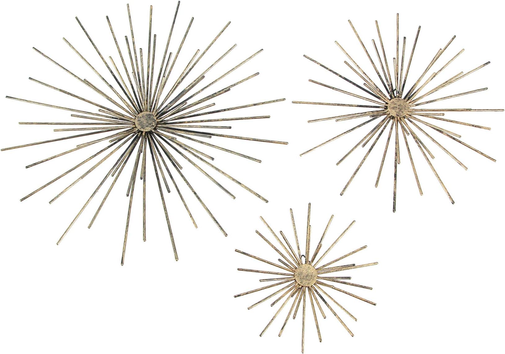 ZeckosSet of 3 Antique Gold Finish Mid-Century Modern Atomic Star Burst Metal Wall Sculptures MCM Decor