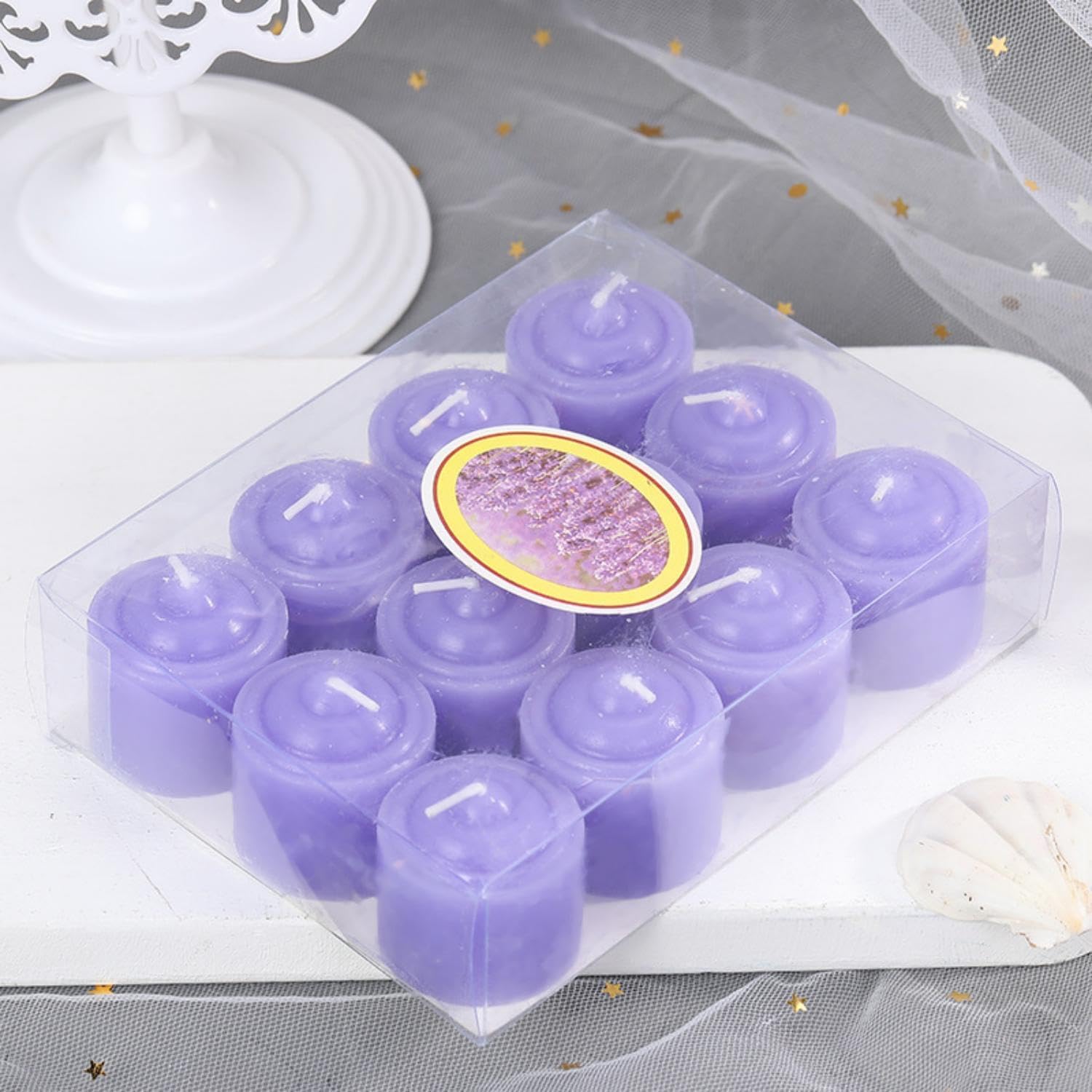 Tea Candles Round Romantic Candle Tealight Small Sweet Wedding Party 12 Pack Home 2-2.5 Hours Burn Time Votive Parties Bulk Birthday Halloween Emergency Family Dinner Hotel Ktv Bar (Purple)
