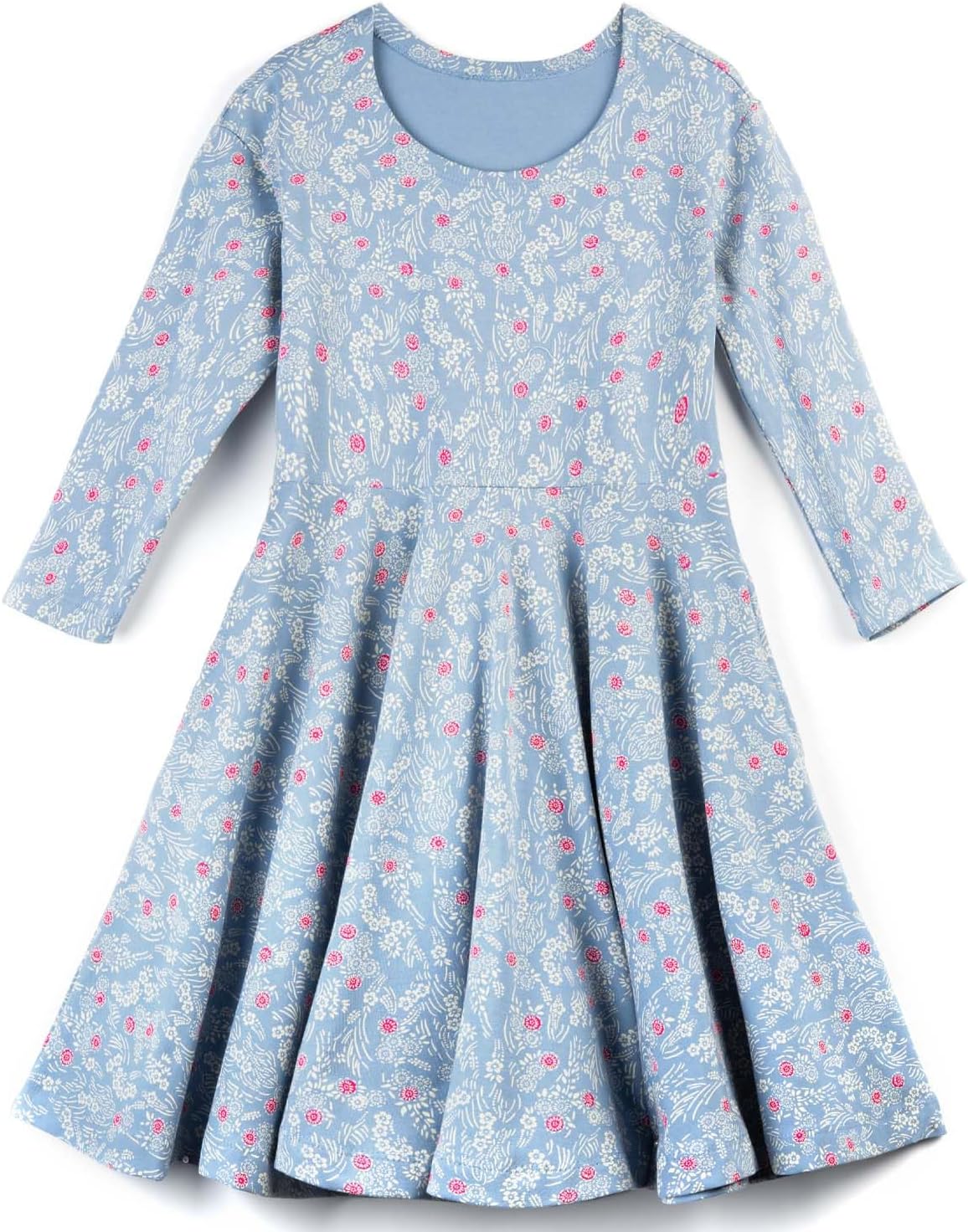 Mightly Girls’ 3/4 Sleeve Skater Dress | 95% Organic Cotton, Twirl Dress w/Pockets for Toddler & Kids, Fair Trade Certified