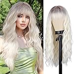 MERISIHAIR Ombre Platinum Blonde Wig with Bangs, Long Platinum Blonde Wigs for Women,Synthetic Long Platinum White Wig Dark Roots Daily Use Hair for Halloween Cosplay (Platinum Blonde)