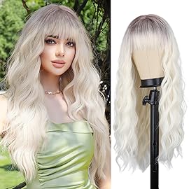 MERISIHAIR Ombre Platinum Blonde Wig with Bangs, Long Platinum Blonde Wigs for Women,Synthetic Long Platinum White Wig Dark Roots Daily Use Hair for Halloween Cosplay (Platinum Blonde)