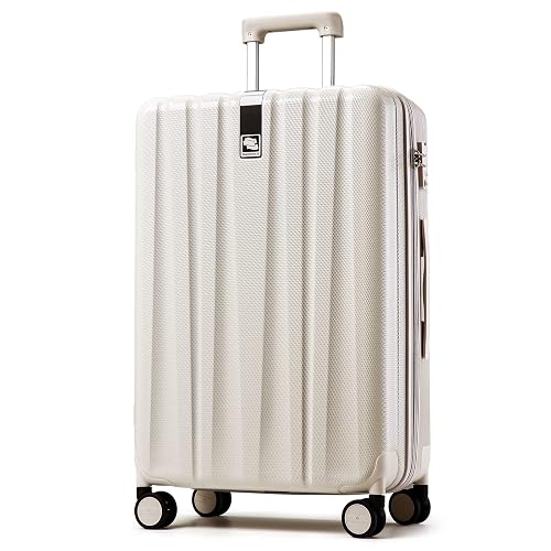 Hanke 29 Inch Luggage Suitcases with Spinner Wheels Lightweight PC Hardside Rolling Suitcase with Travel Lock, Checked-Large (Ivory White)