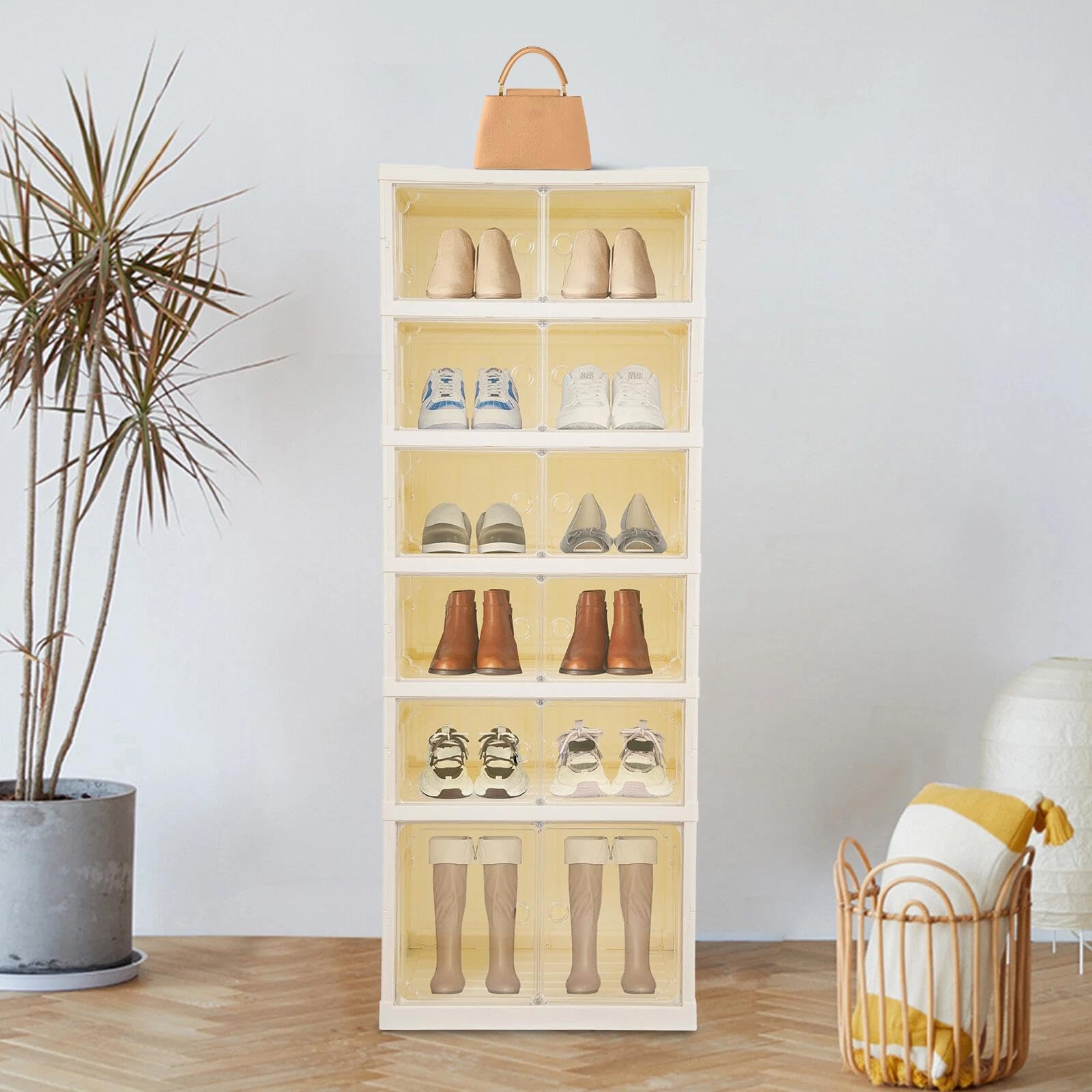 for 6 Tiers-12 Pairs Shoe Box Foldable Shoe Rack Shoe Storage Organizer with Doors